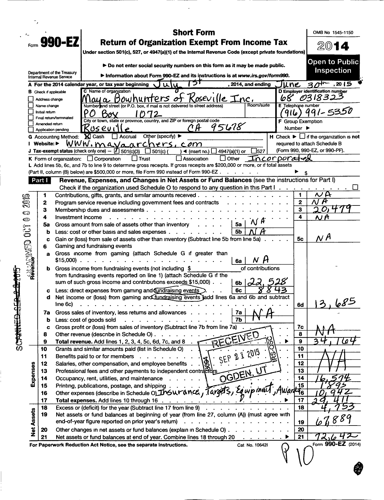 Image of first page of 2014 Form 990EO for Maya Bowhunters of Roseville