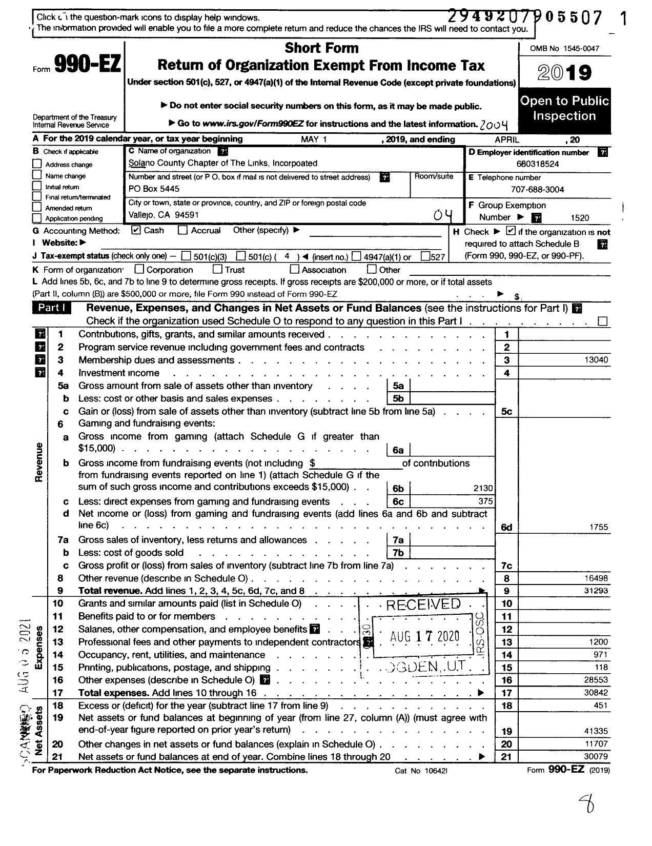 Image of first page of 2019 Form 990EO for Solano County Chapter of the Links Incorporated