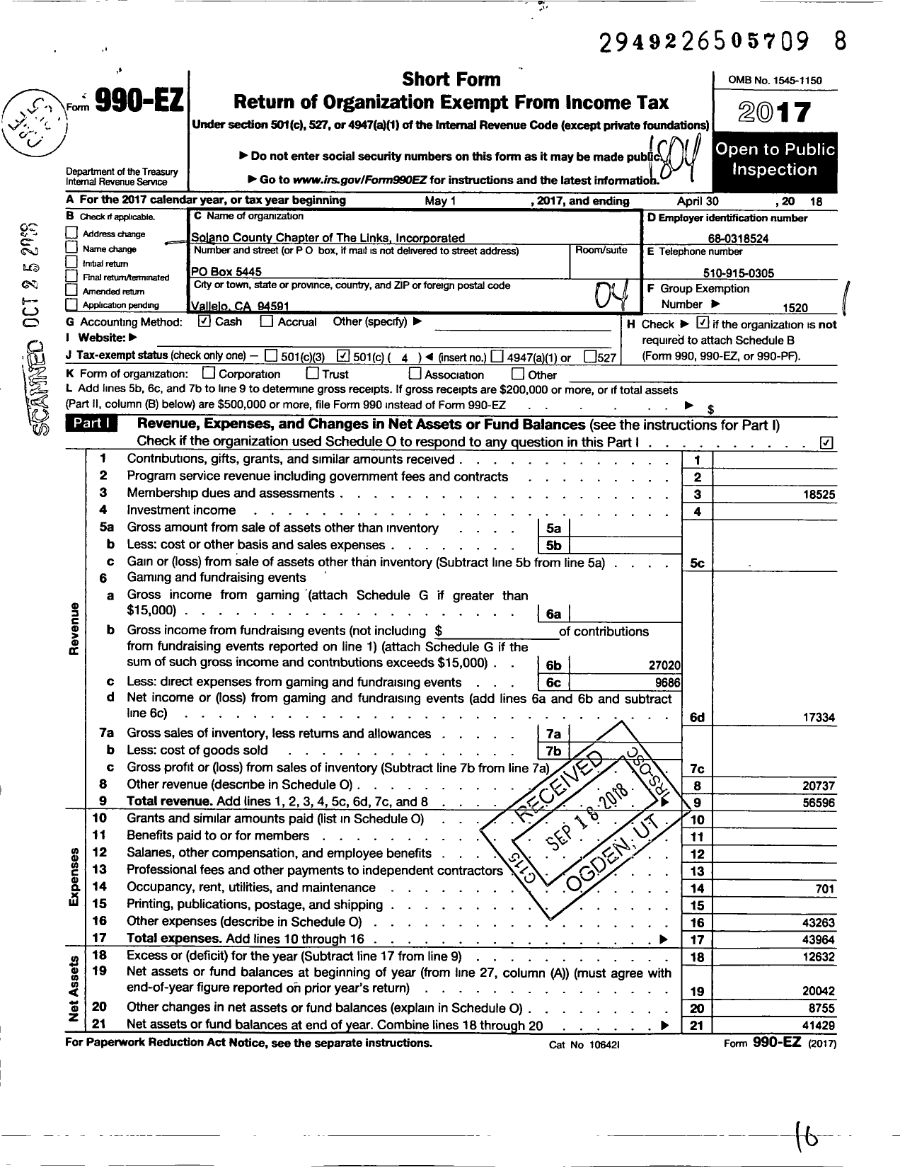 Image of first page of 2017 Form 990EO for Solano County Chapter of the Links