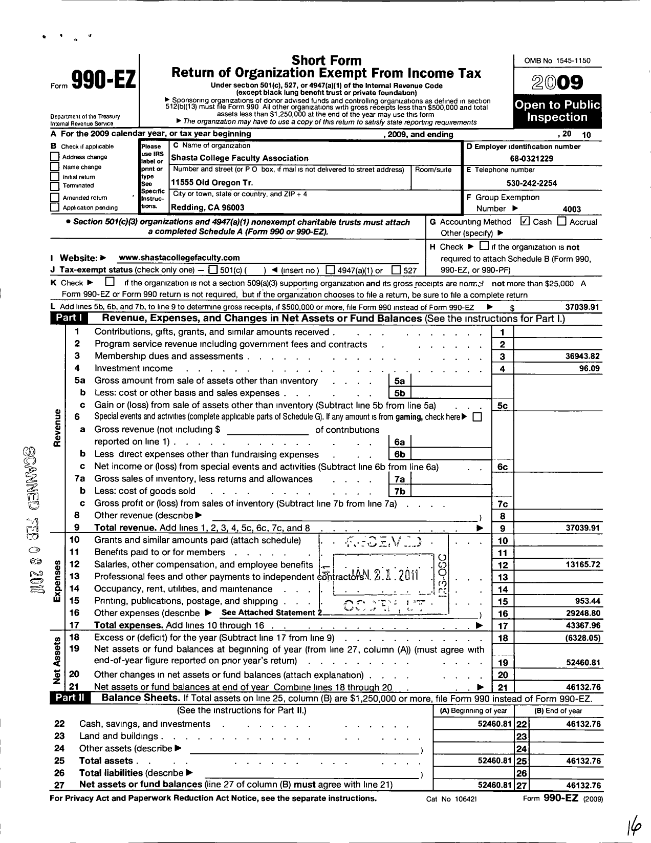 Image of first page of 2010 Form 990EO for California Teachers Association - Shasta Coll Fac Assn