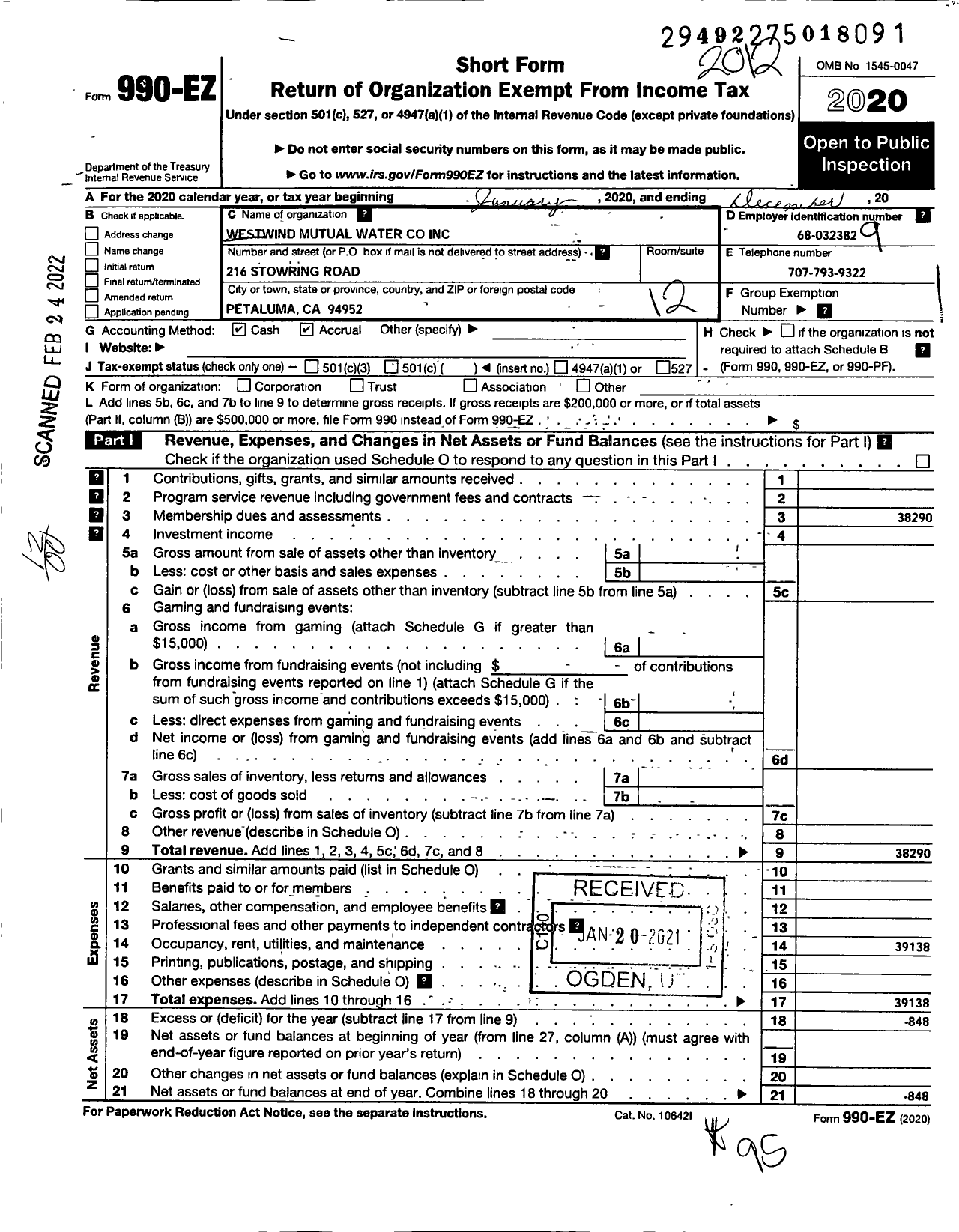 Image of first page of 2020 Form 990EO for Westwind Mutual Water Company