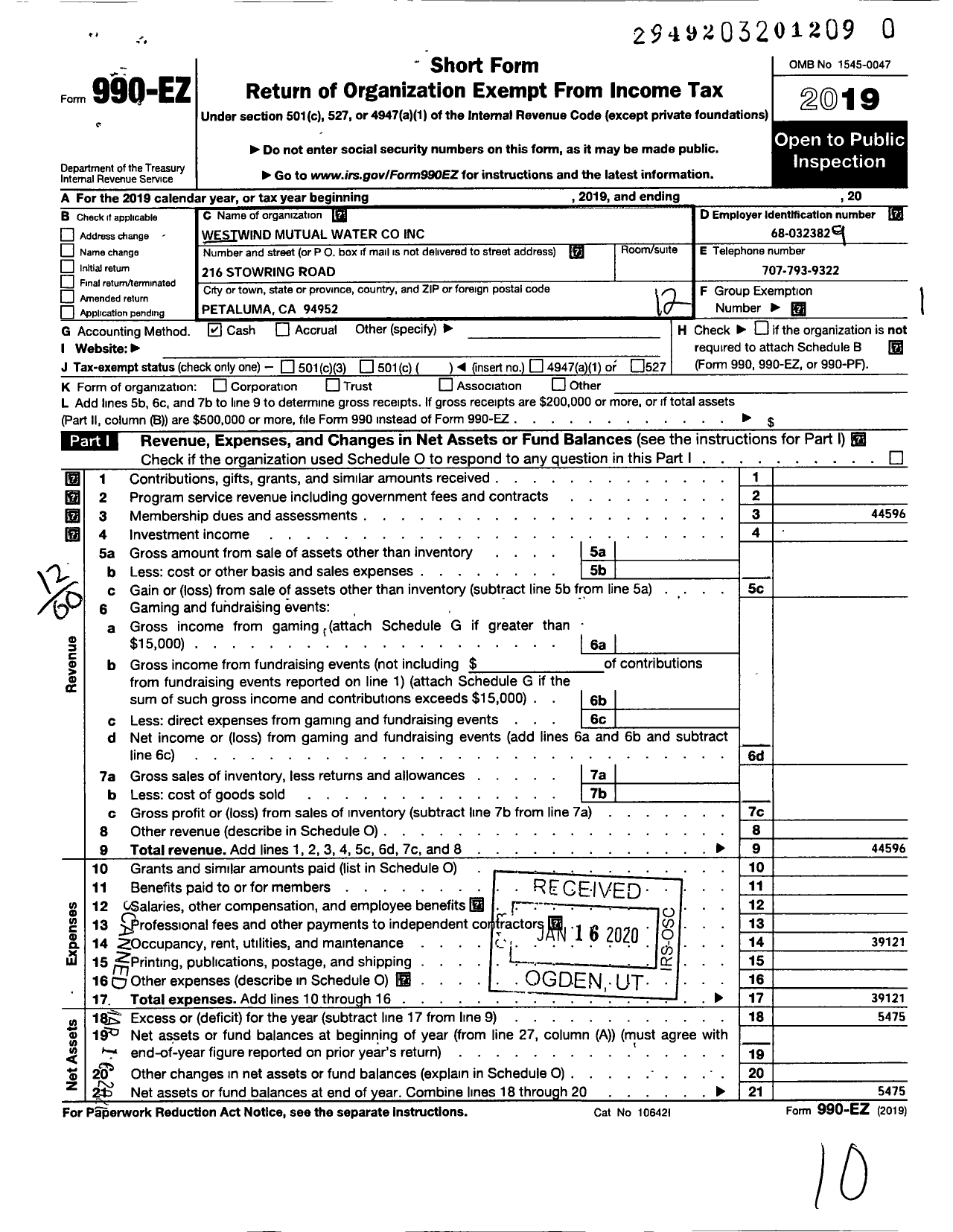 Image of first page of 2019 Form 990EO for Westwind Mutual Water Company