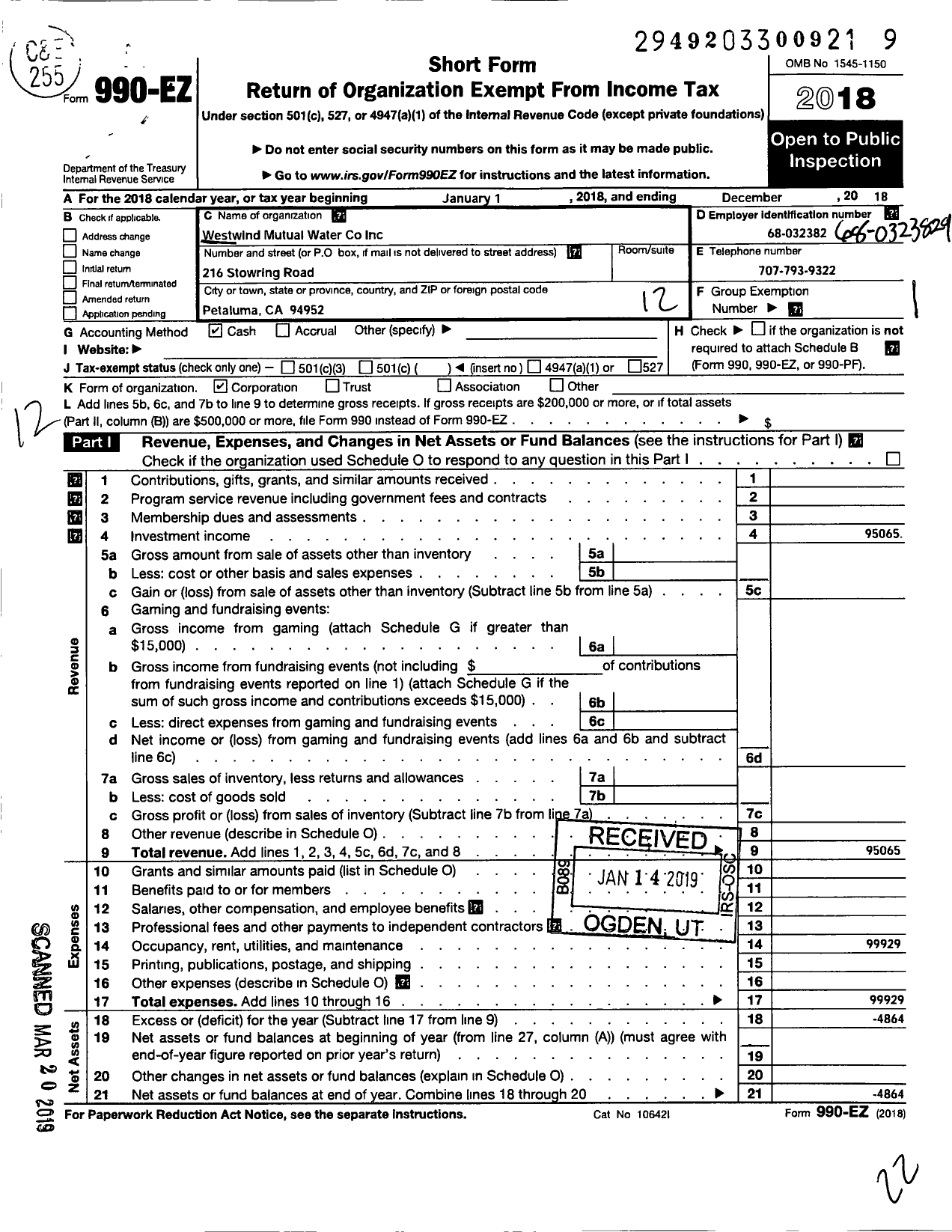 Image of first page of 2018 Form 990EO for Westwind Mutual Water Company