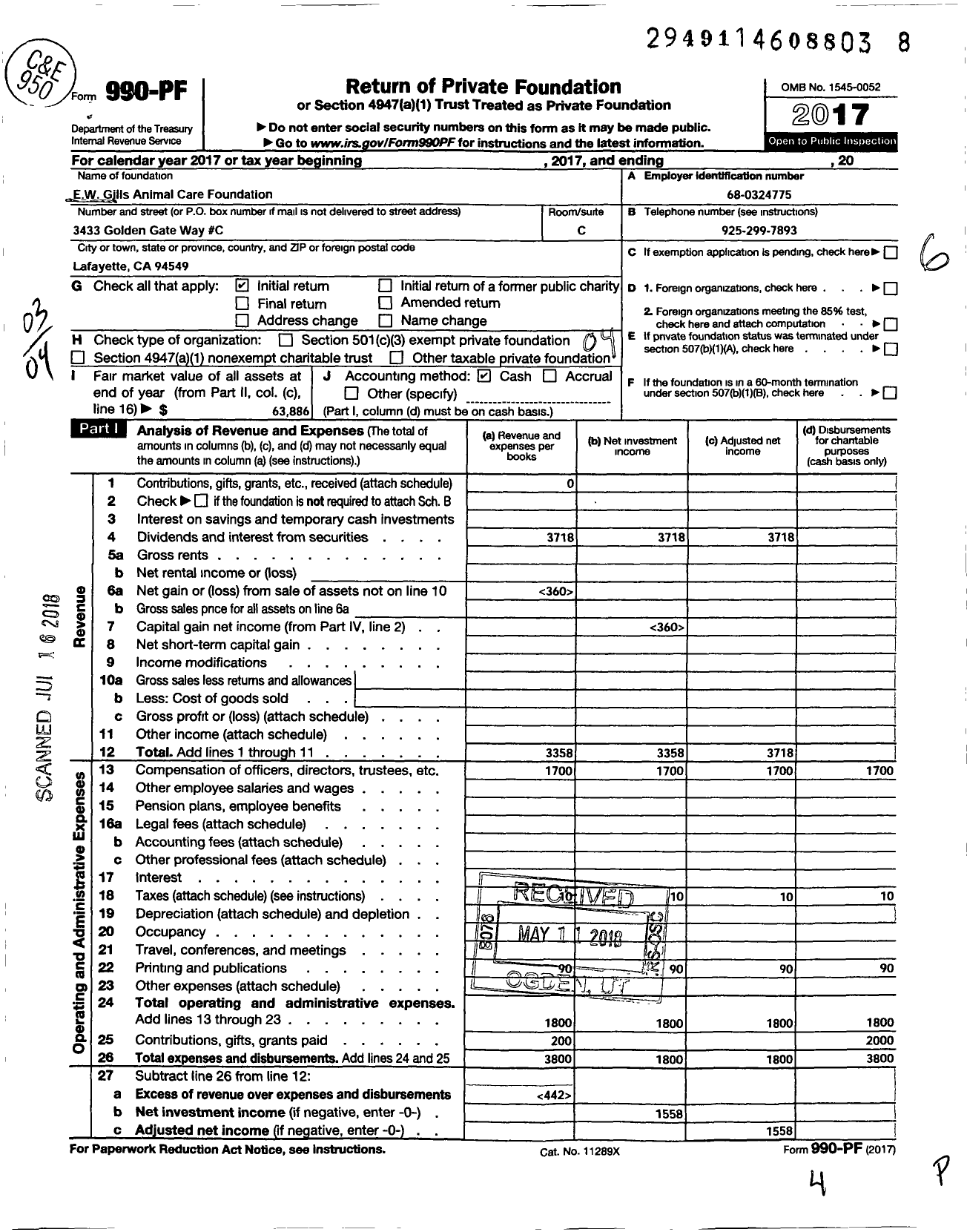 Image of first page of 2017 Form 990PF for E W Gills Animal Care Foundation