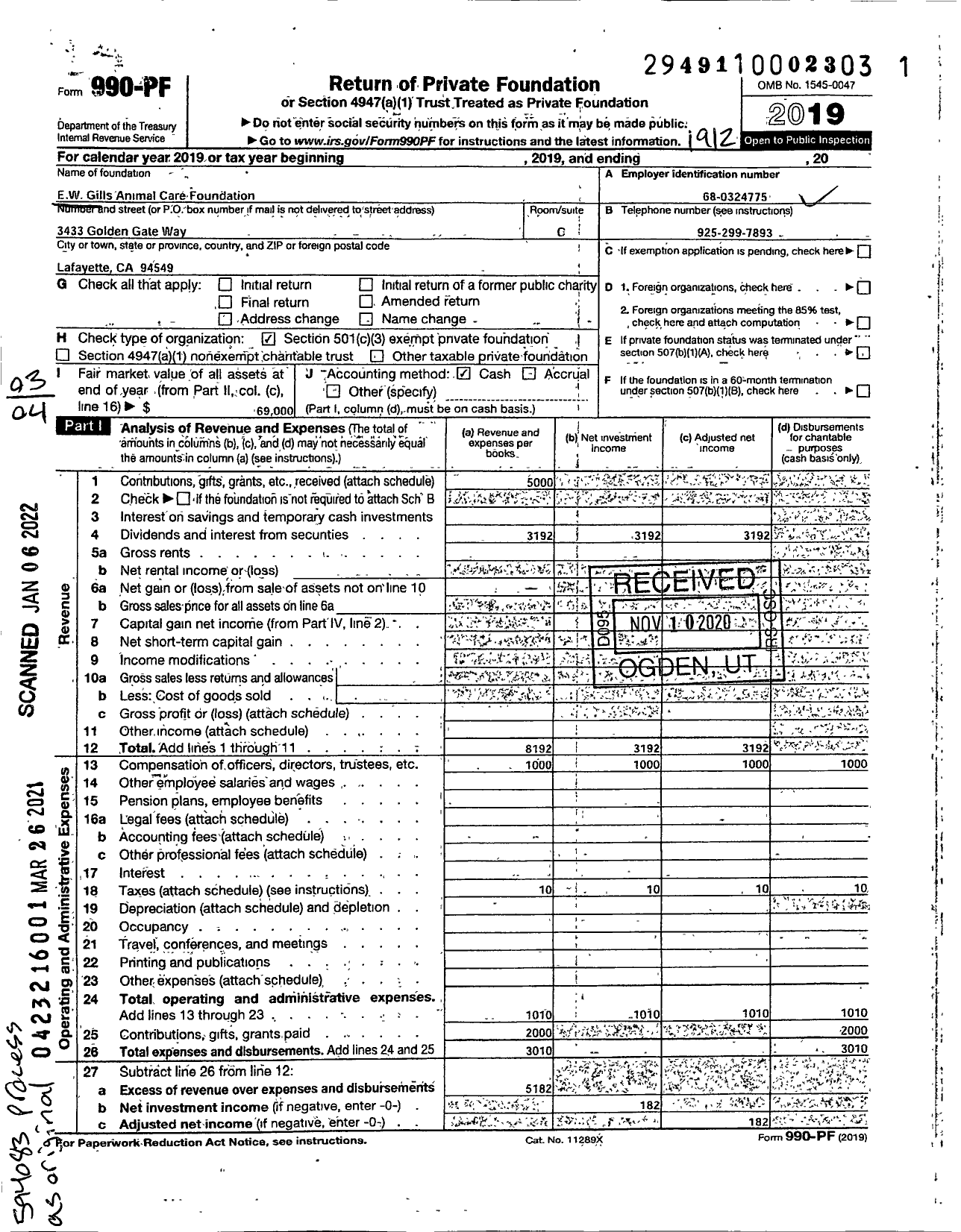 Image of first page of 2019 Form 990PF for E W Gills Animal Care Foundation