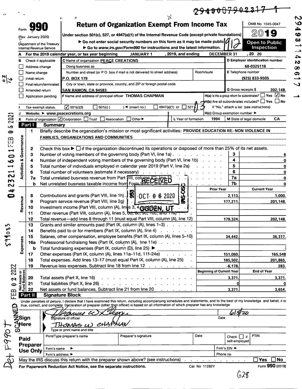 Image of first page of 2019 Form 990 for Peace Creations