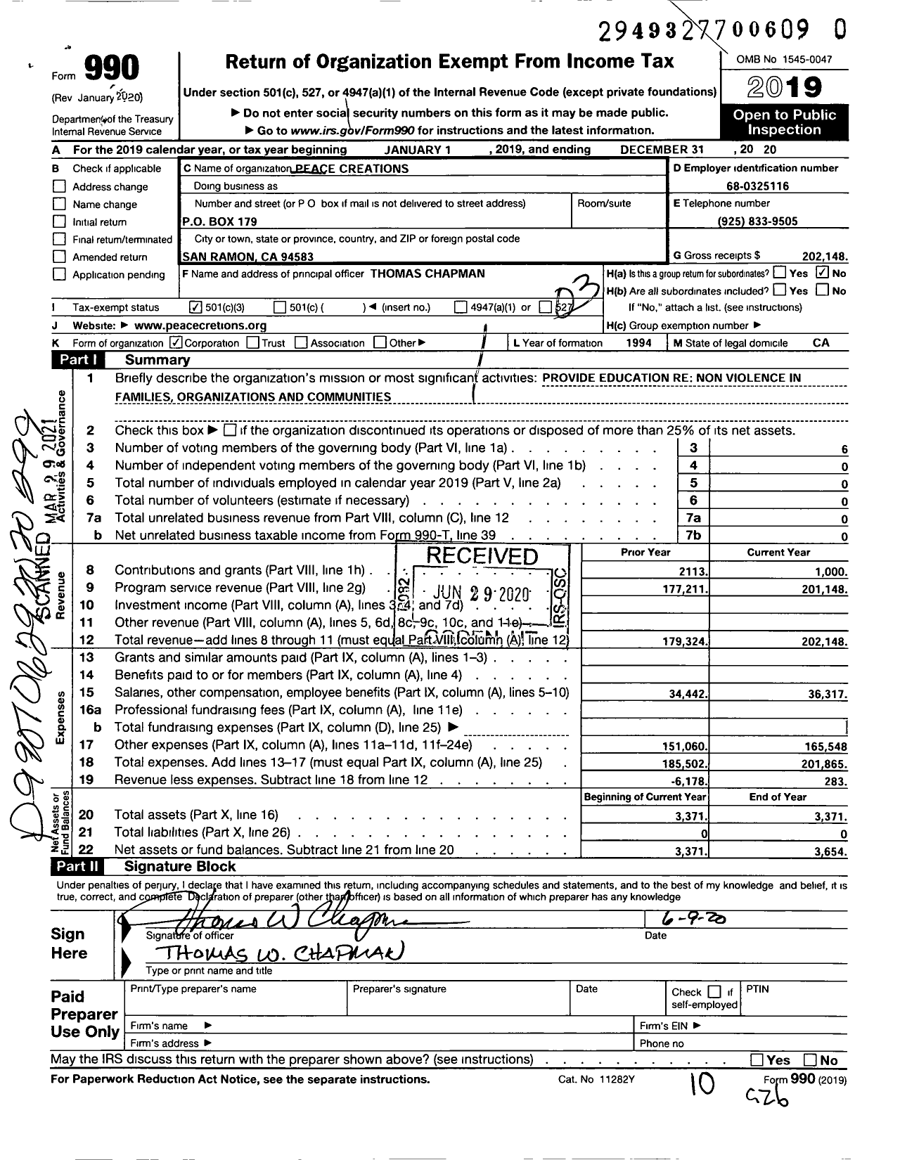 Image of first page of 2020 Form 990 for Peace Creations