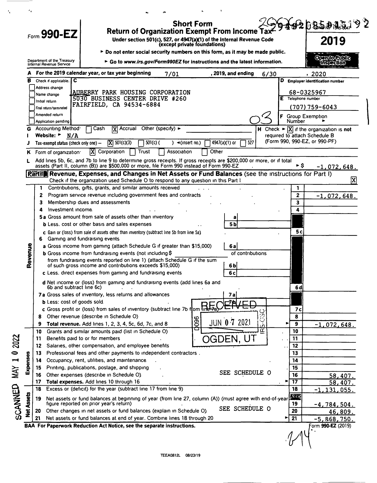 Image of first page of 2019 Form 990EZ for Auberry Park Housing Corporation