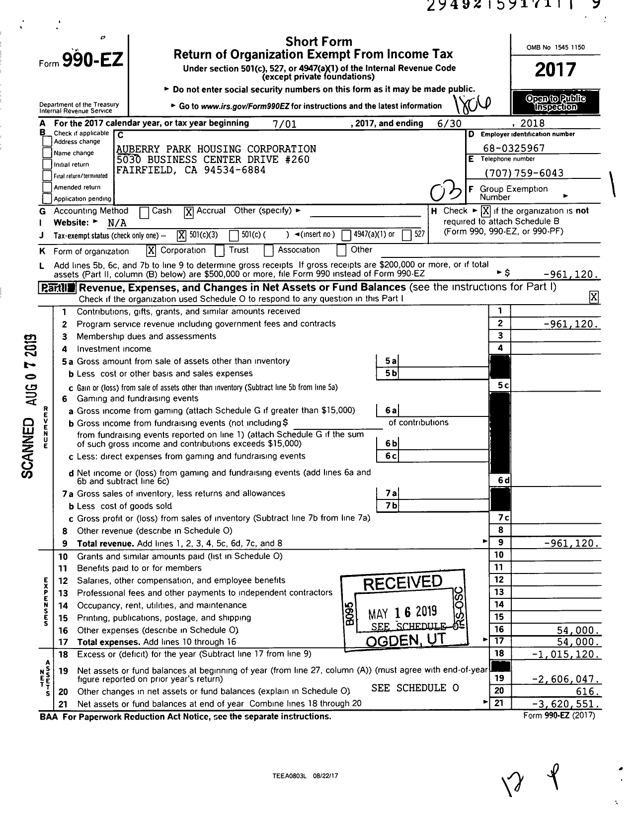 Image of first page of 2017 Form 990EZ for Auberry Park Housing Corporation