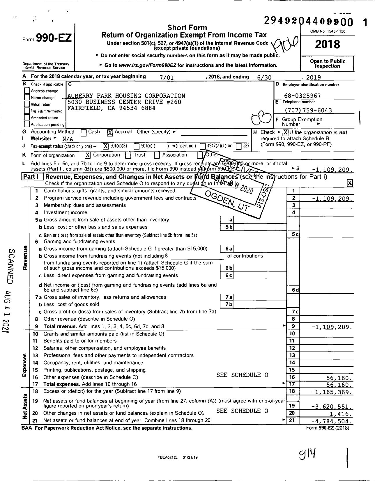 Image of first page of 2018 Form 990EZ for Auberry Park Housing Corporation