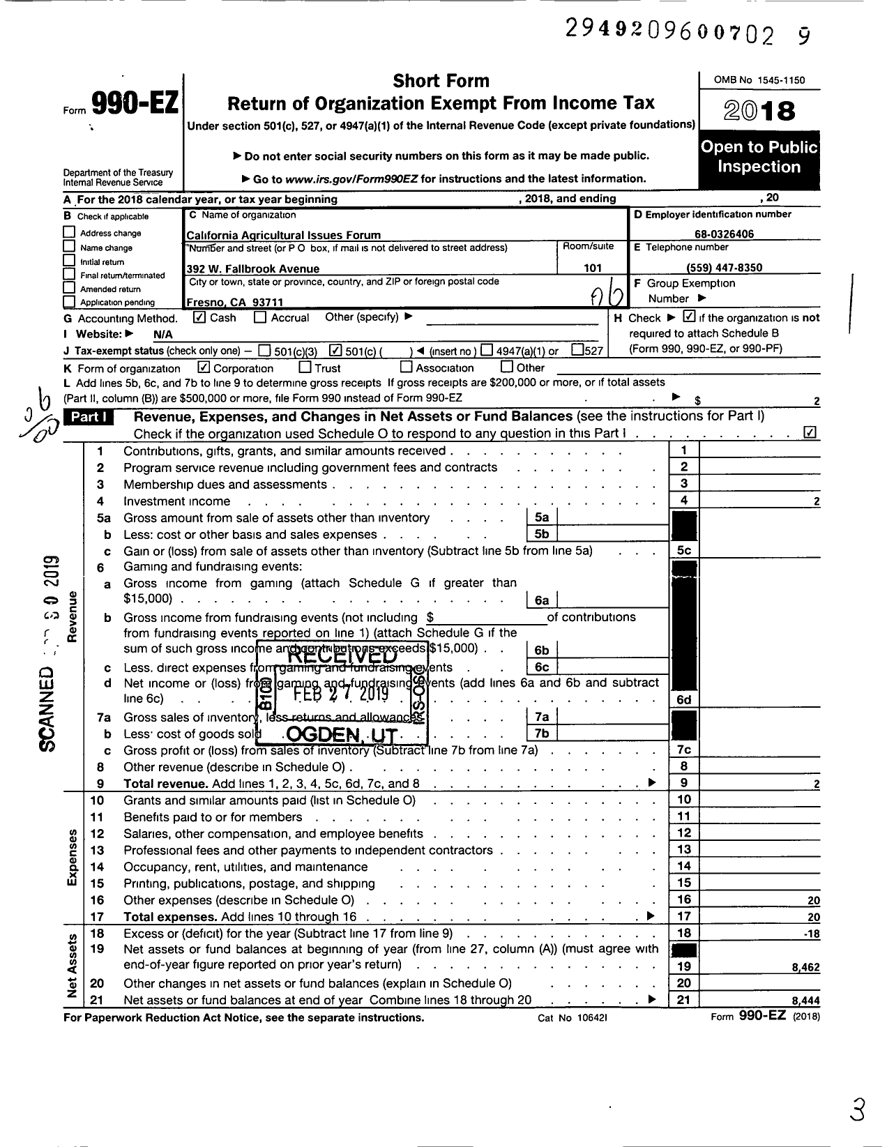 Image of first page of 2018 Form 990EO for California Agricultural Issues Forum