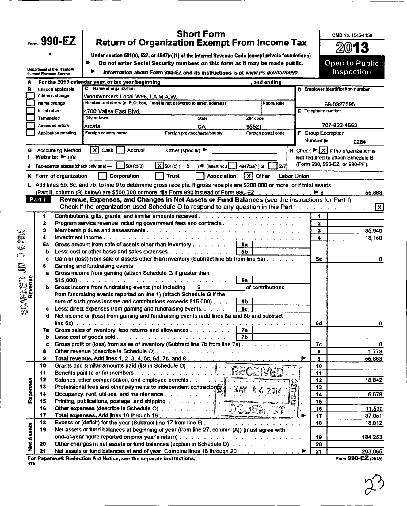 Image of first page of 2013 Form 990EO for International Association of Machinists and Aerospace Workers - W98 Woodworkers Local Lodge