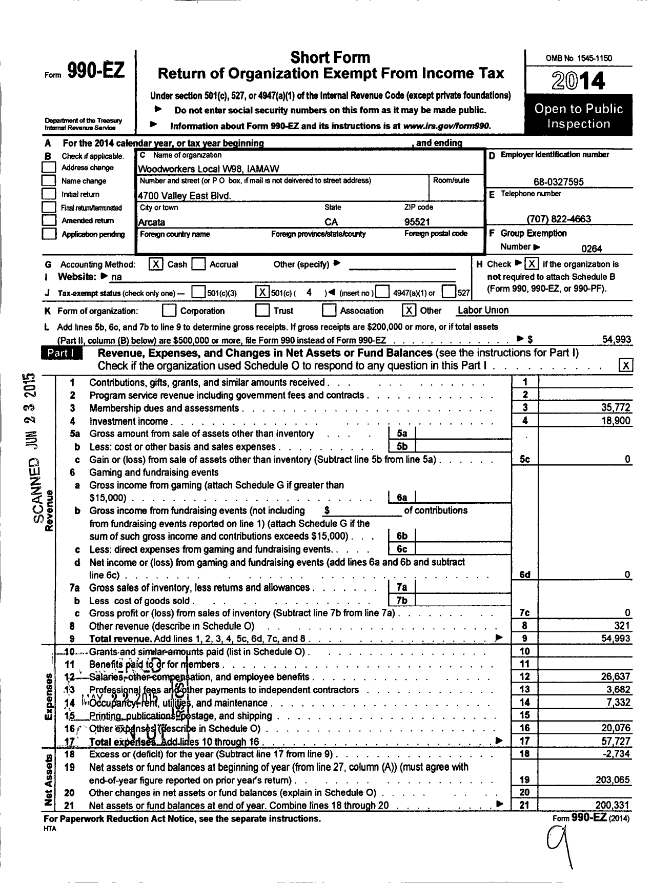 Image of first page of 2014 Form 990EO for International Association of Machinists and Aerospace Workers - W98 Woodworkers Local Lodge