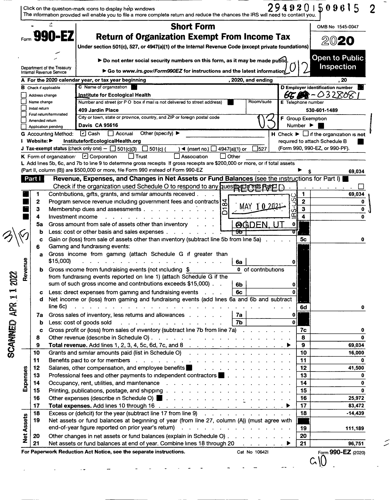 Image of first page of 2020 Form 990EZ for Institute for Ecological Health