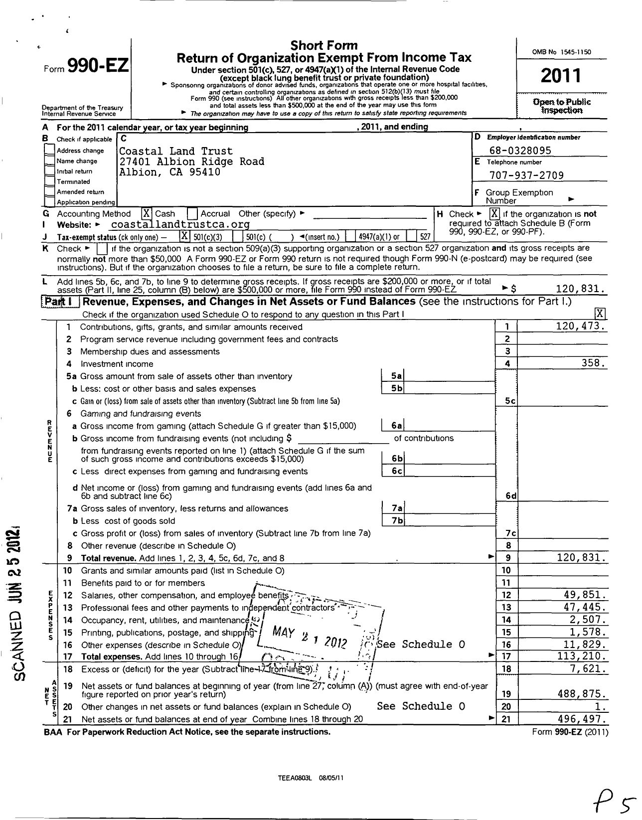 Image of first page of 2011 Form 990EZ for Coastal Commons Research