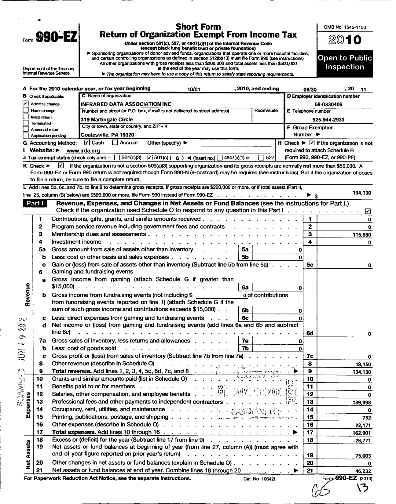 Image of first page of 2010 Form 990EO for Infrared Data Association (IRDA)