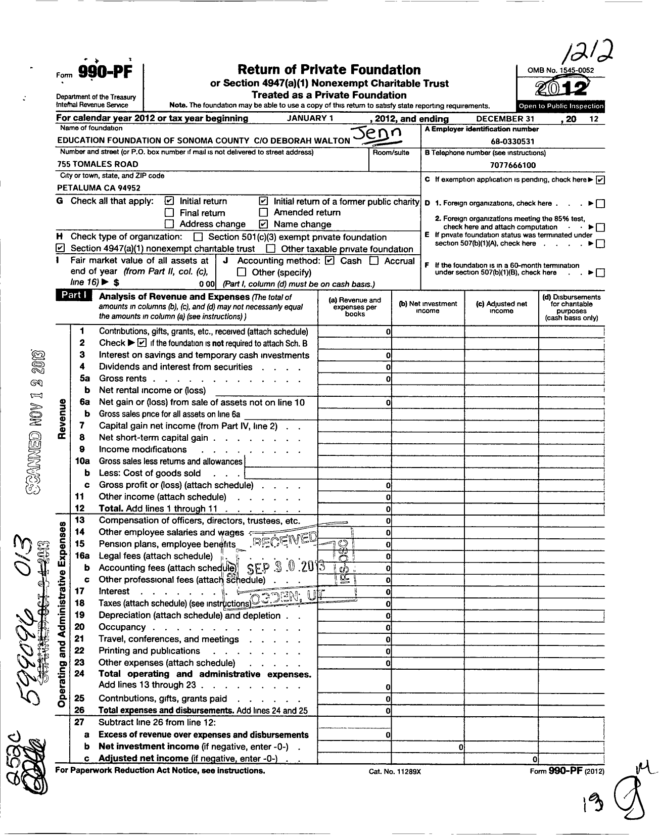 Image of first page of 2012 Form 990PF for Education Foundation of Sonoma County