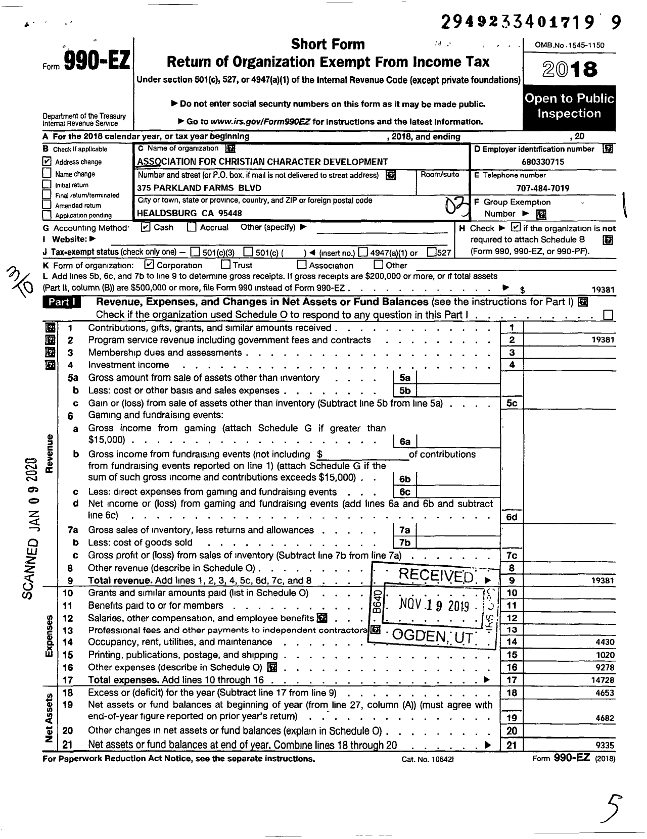 Image of first page of 2018 Form 990EZ for Association for Christian Character Development