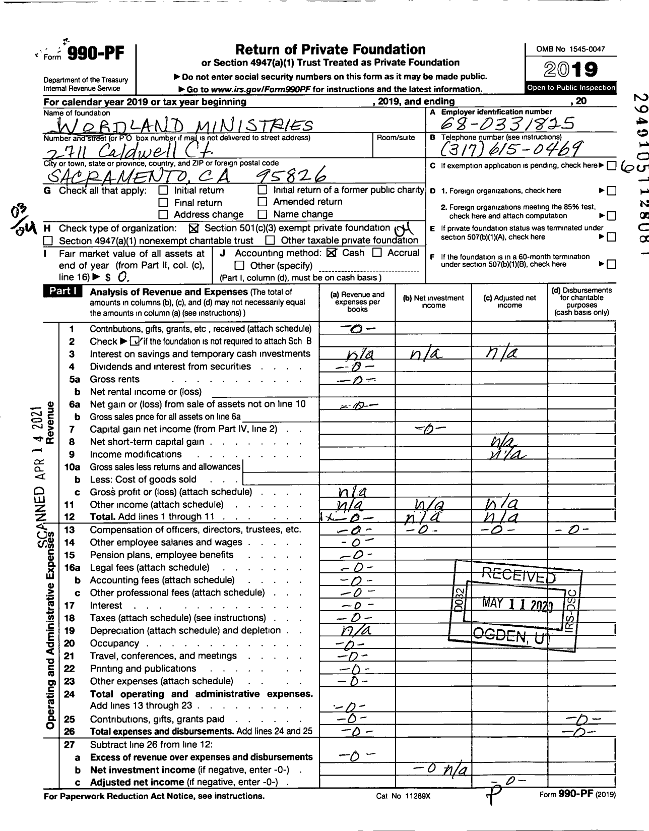 Image of first page of 2019 Form 990PF for Wordland Ministries