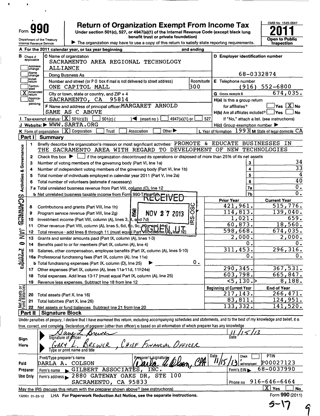 Image of first page of 2011 Form 990 for Sacramento Area Regional Technology Alliance