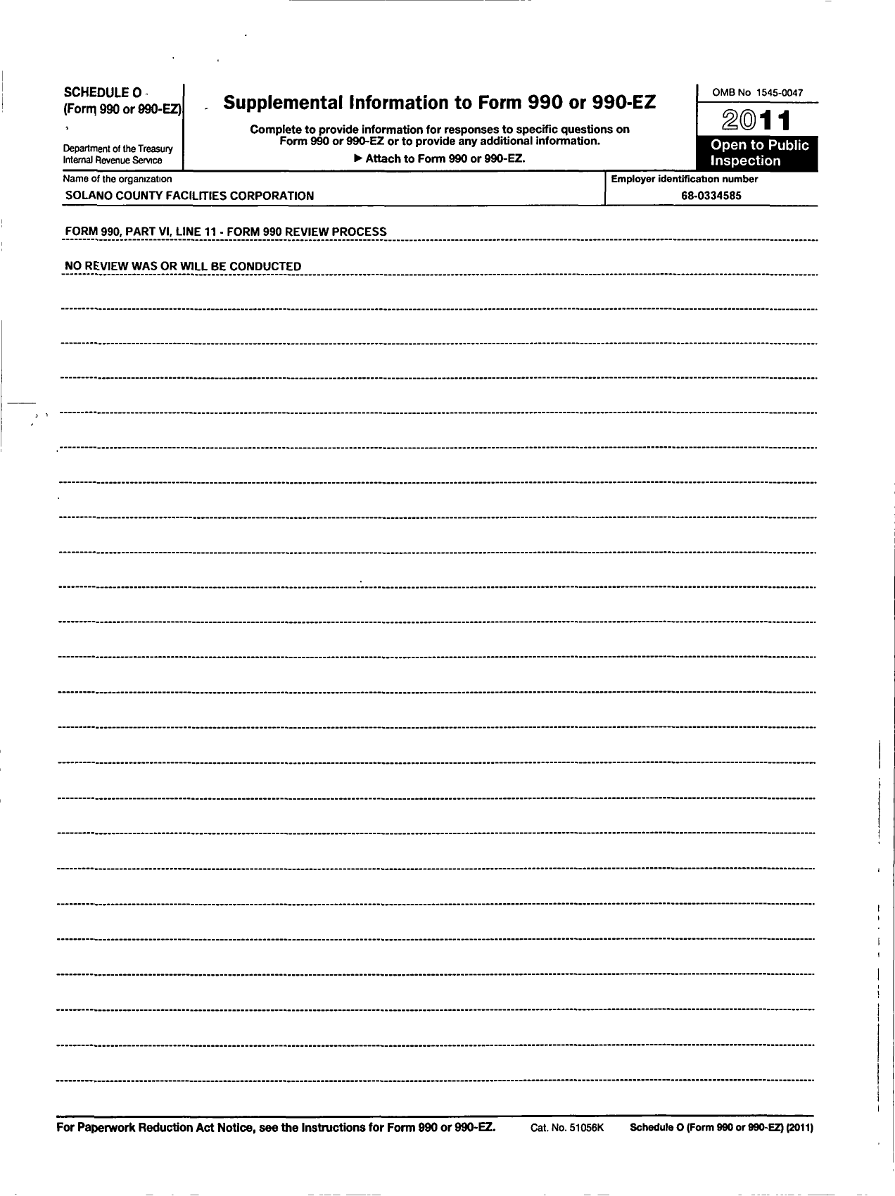 Image of first page of 2011 Form 990OR for Solano County Facilities Corporation