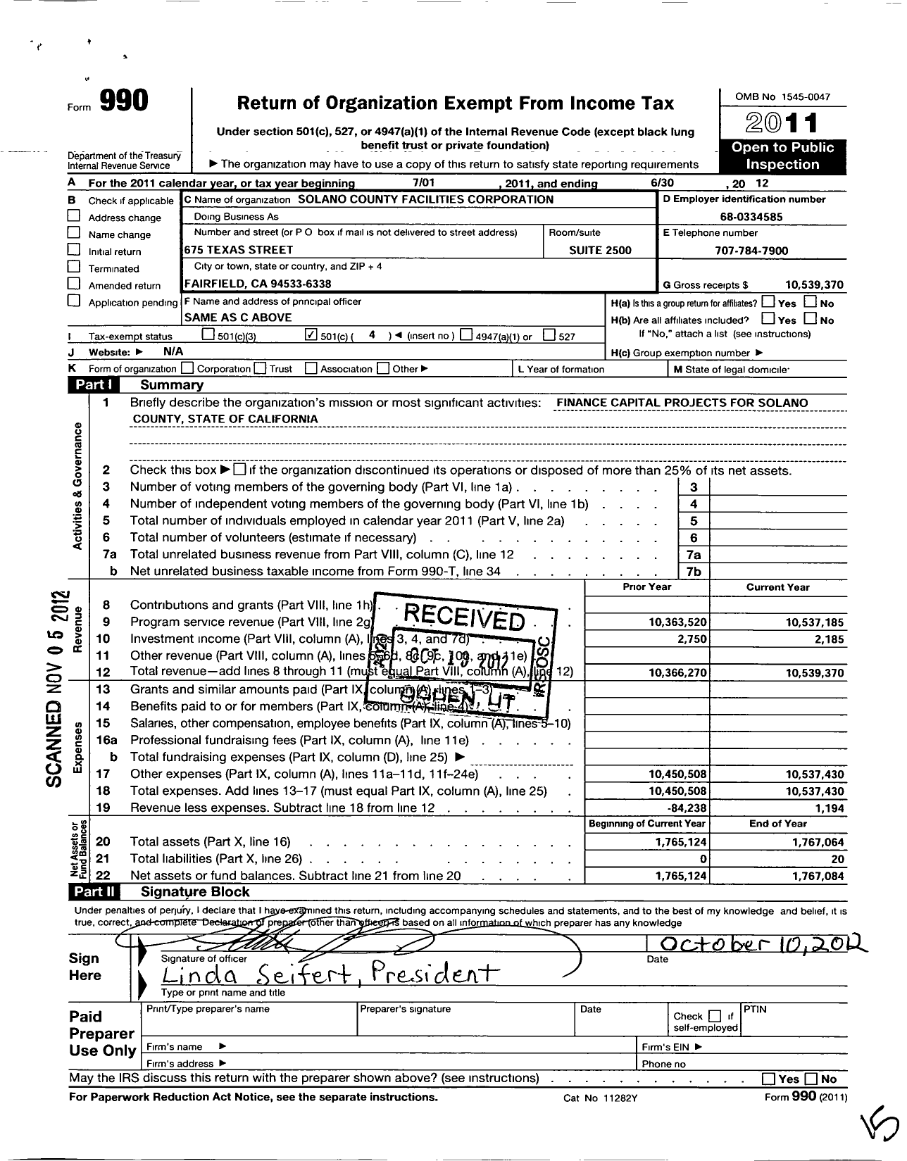 Image of first page of 2011 Form 990O for Solano County Facilities Corporation