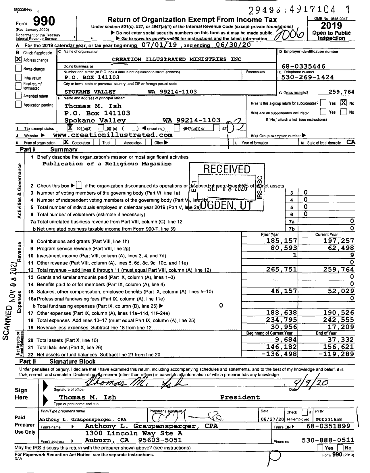 Image of first page of 2019 Form 990 for Creation Illustrated Ministries