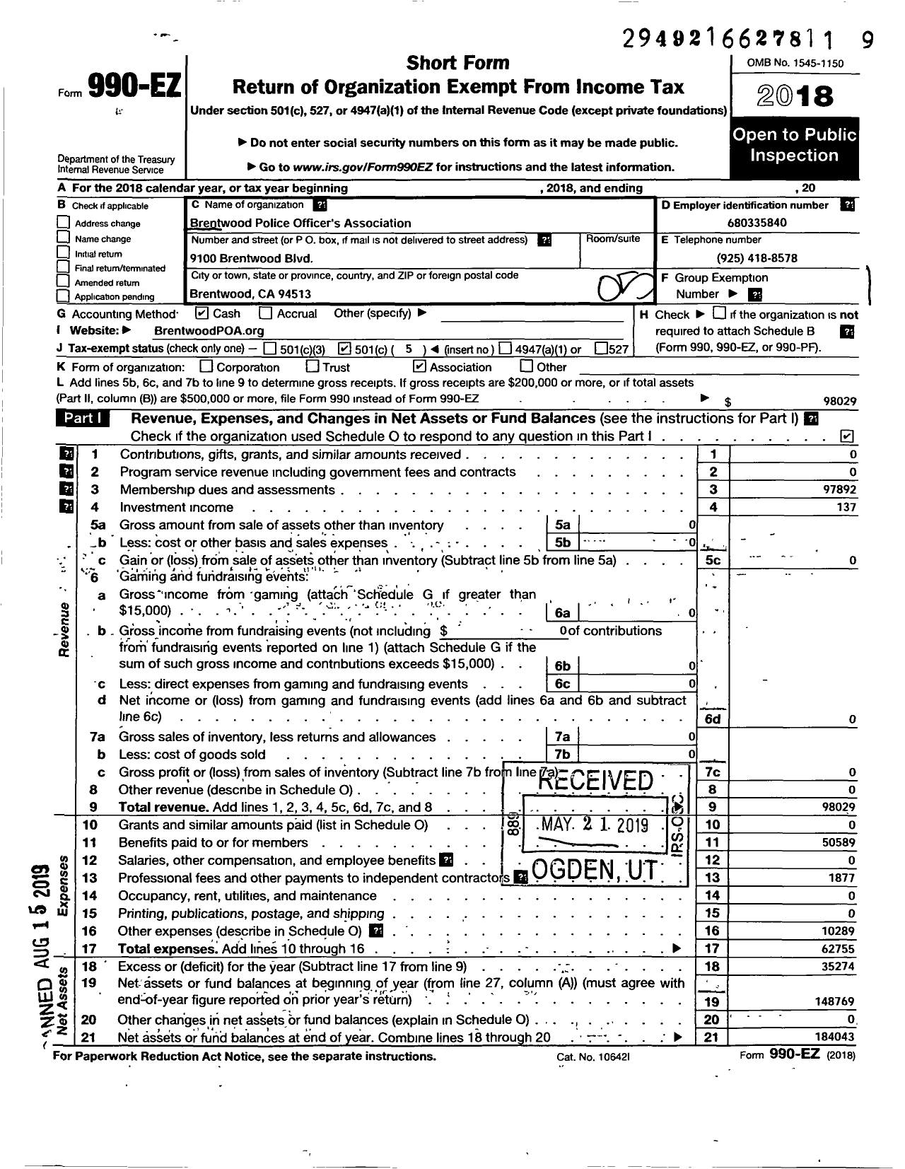 Image of first page of 2018 Form 990EO for Brentwood Police Officers Association