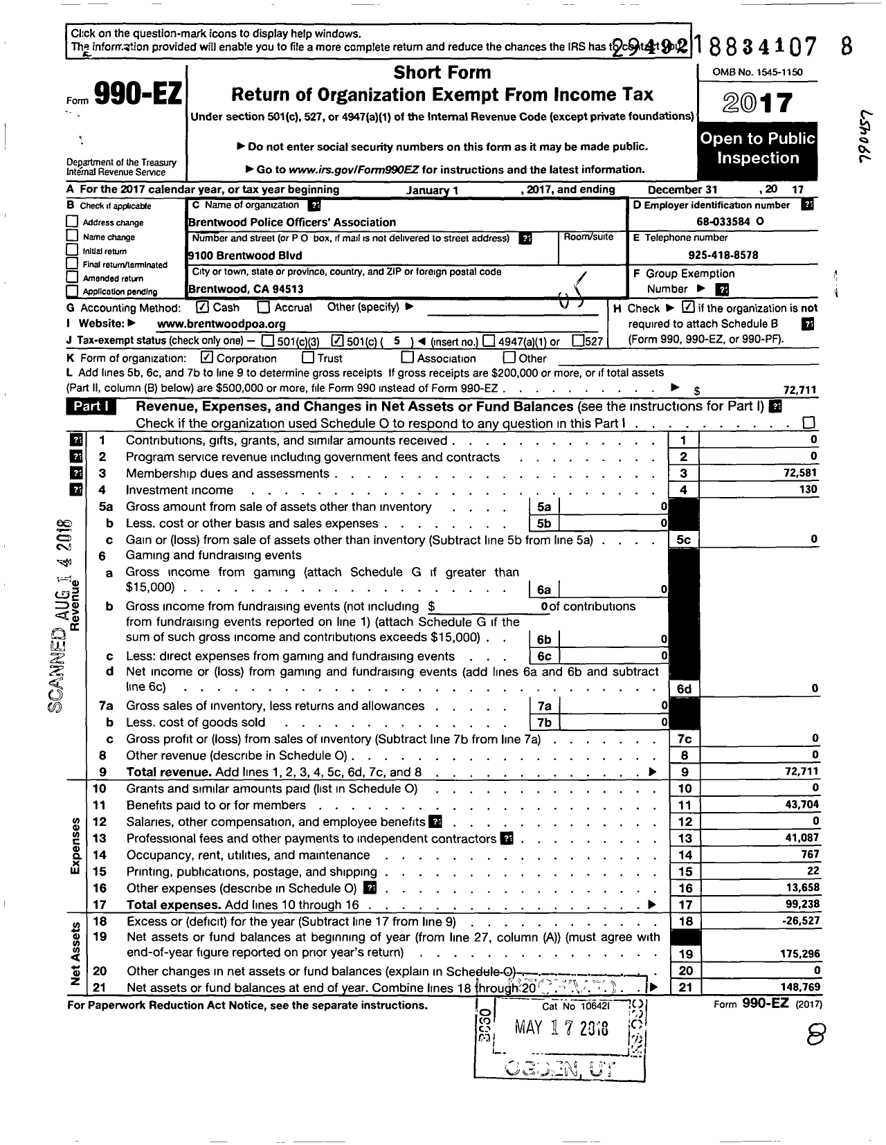 Image of first page of 2017 Form 990EO for Brentwood Police Officers Association