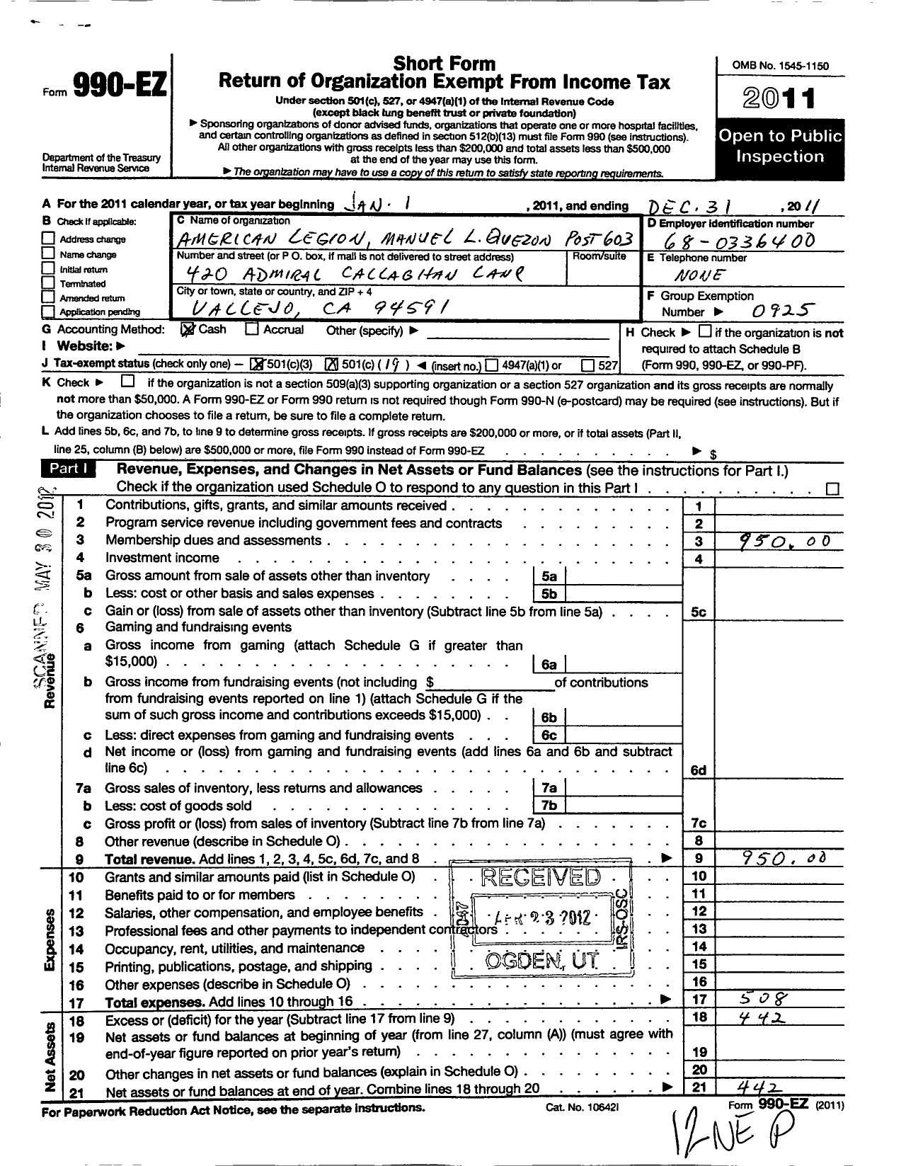 Image of first page of 2011 Form 990EO for American Legion - 603 Manuel L Quezon