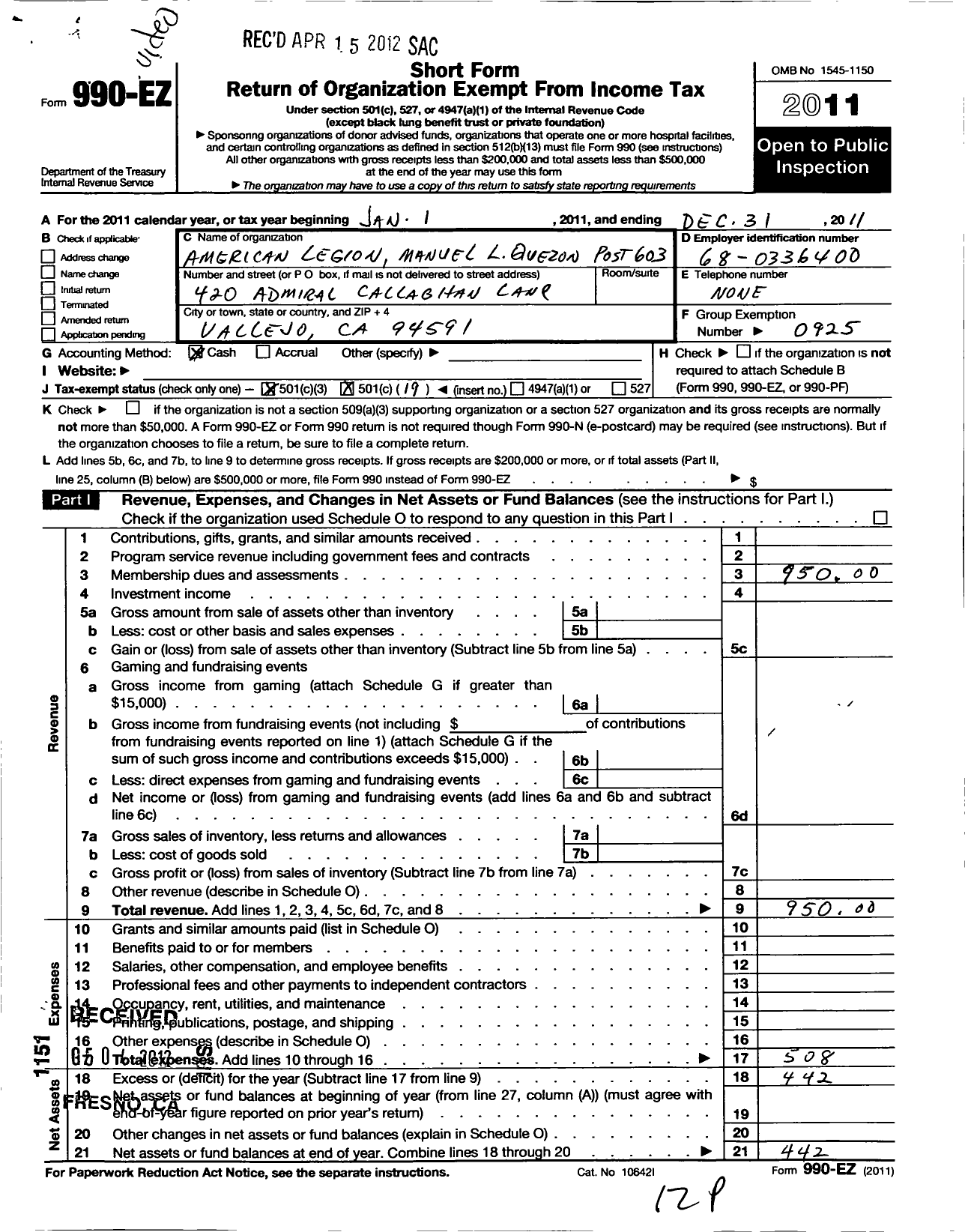 Image of first page of 2011 Form 990EO for American Legion - 603 Manuel L Quezon
