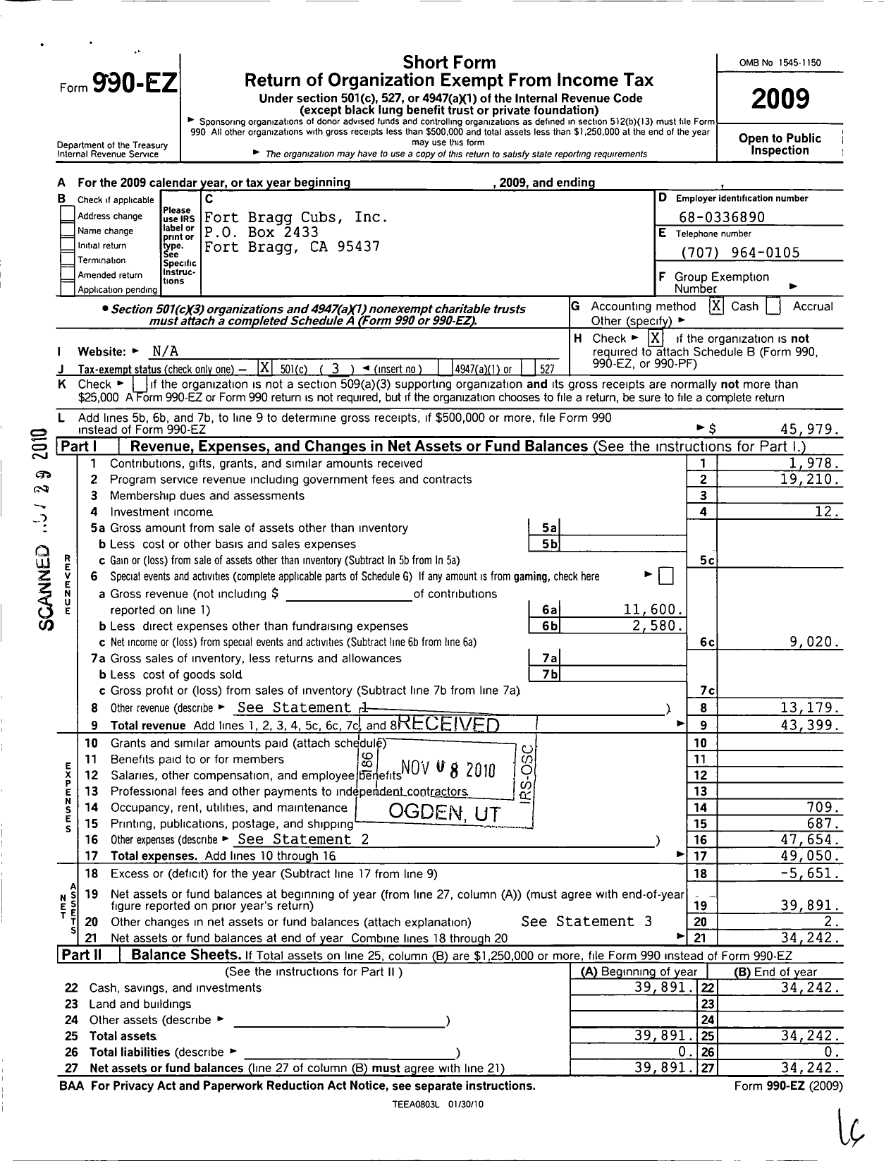 Image of first page of 2009 Form 990EZ for Fort Bragg Cubs