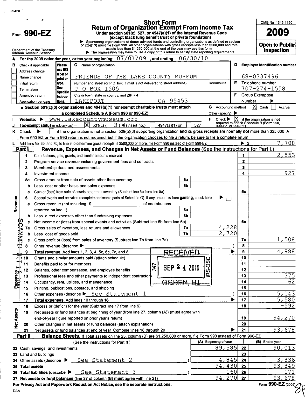 Image of first page of 2009 Form 990EZ for Friends of the Lake County Museum