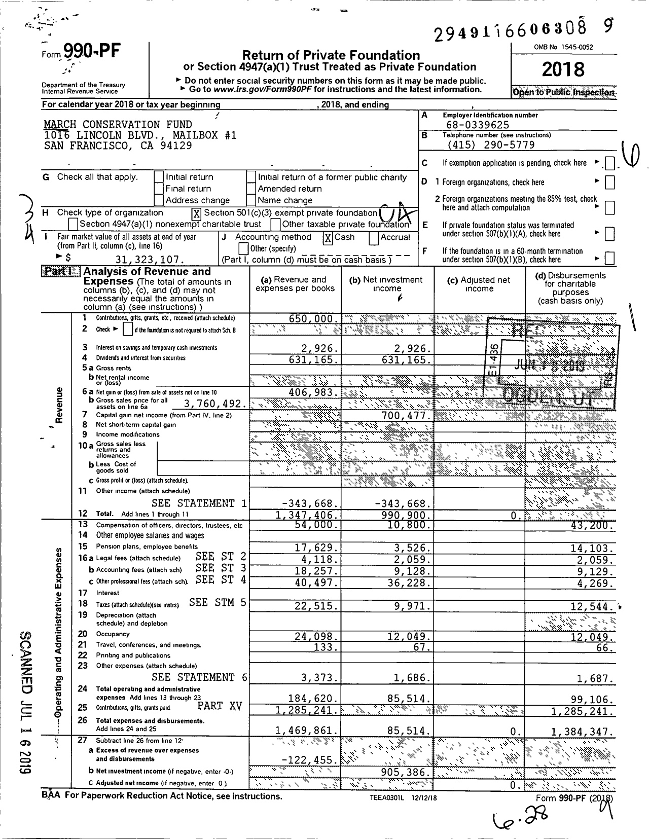 Image of first page of 2018 Form 990PF for March Conservation Fund