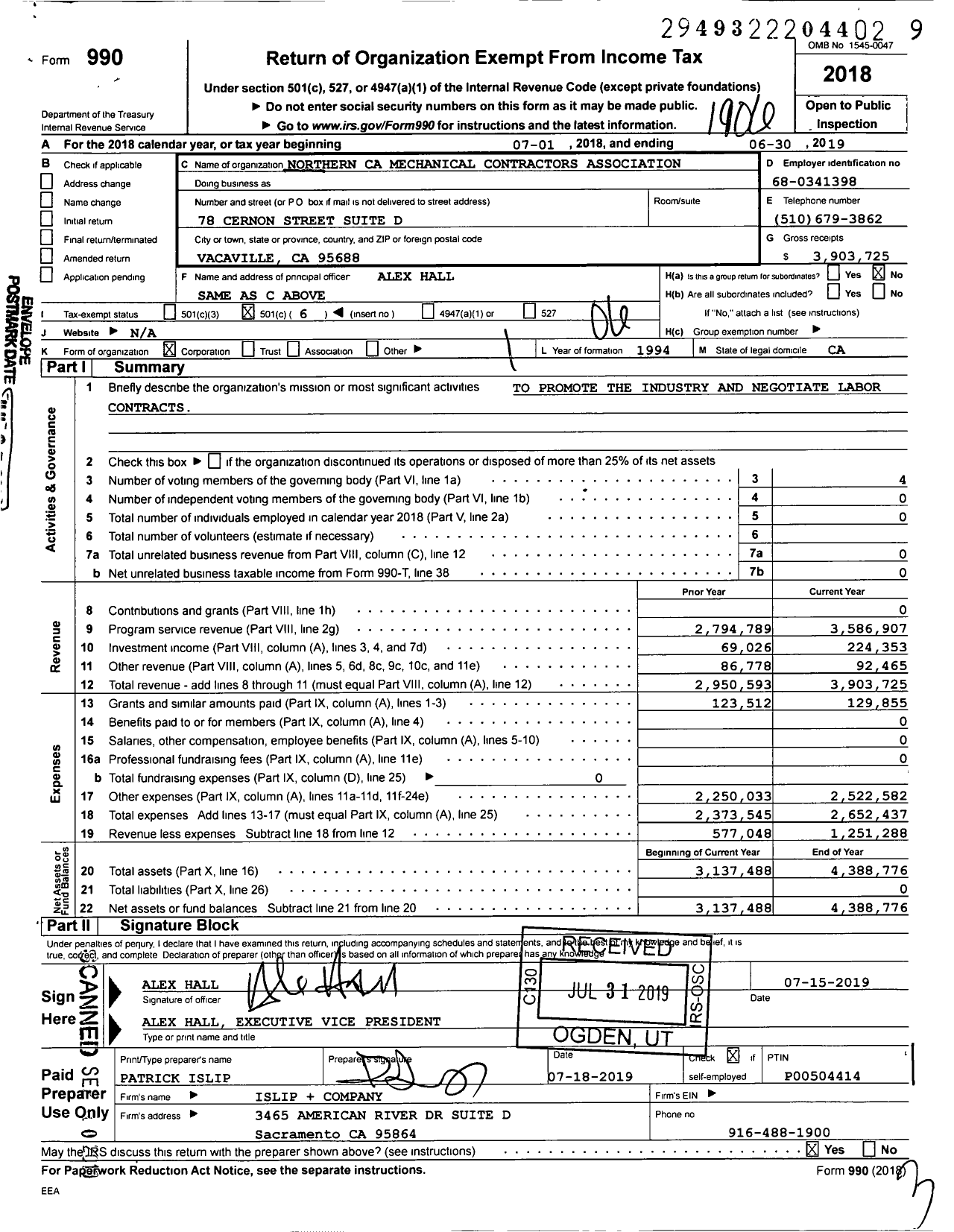 Image of first page of 2018 Form 990O for Northern California Mechanical Contractors Association