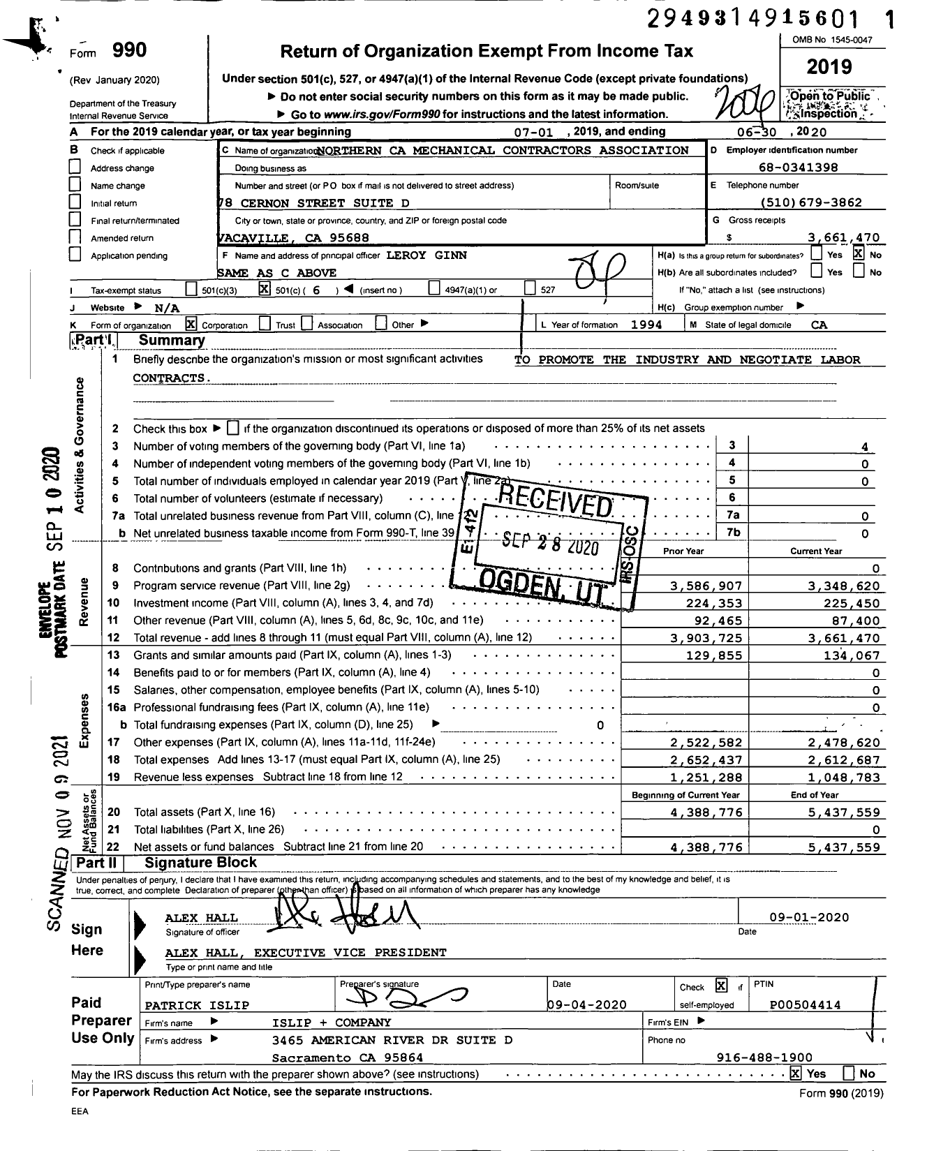 Image of first page of 2019 Form 990O for Northern California Mechanical Contractors Association