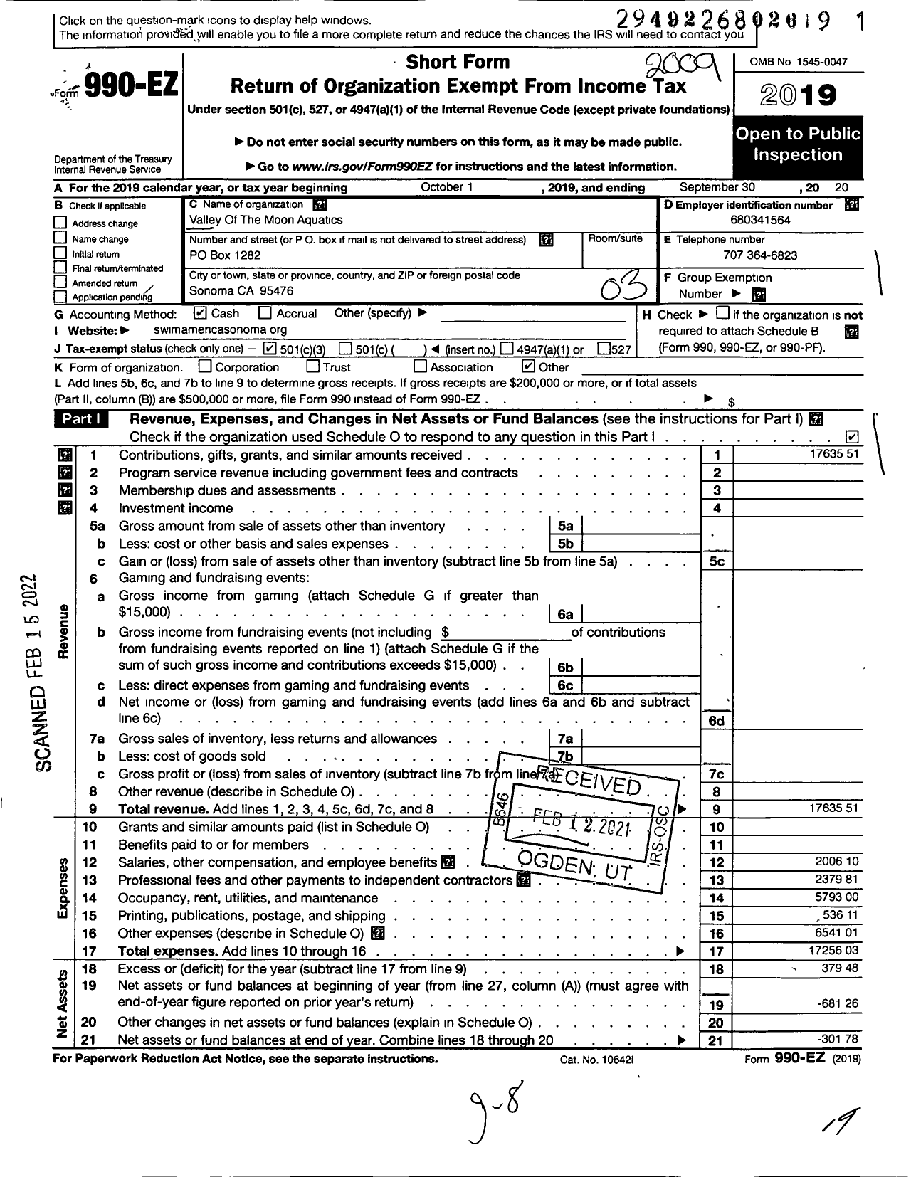 Image of first page of 2019 Form 990EZ for Valley of the Moon Aquatics Valley of the Moon Aquatics