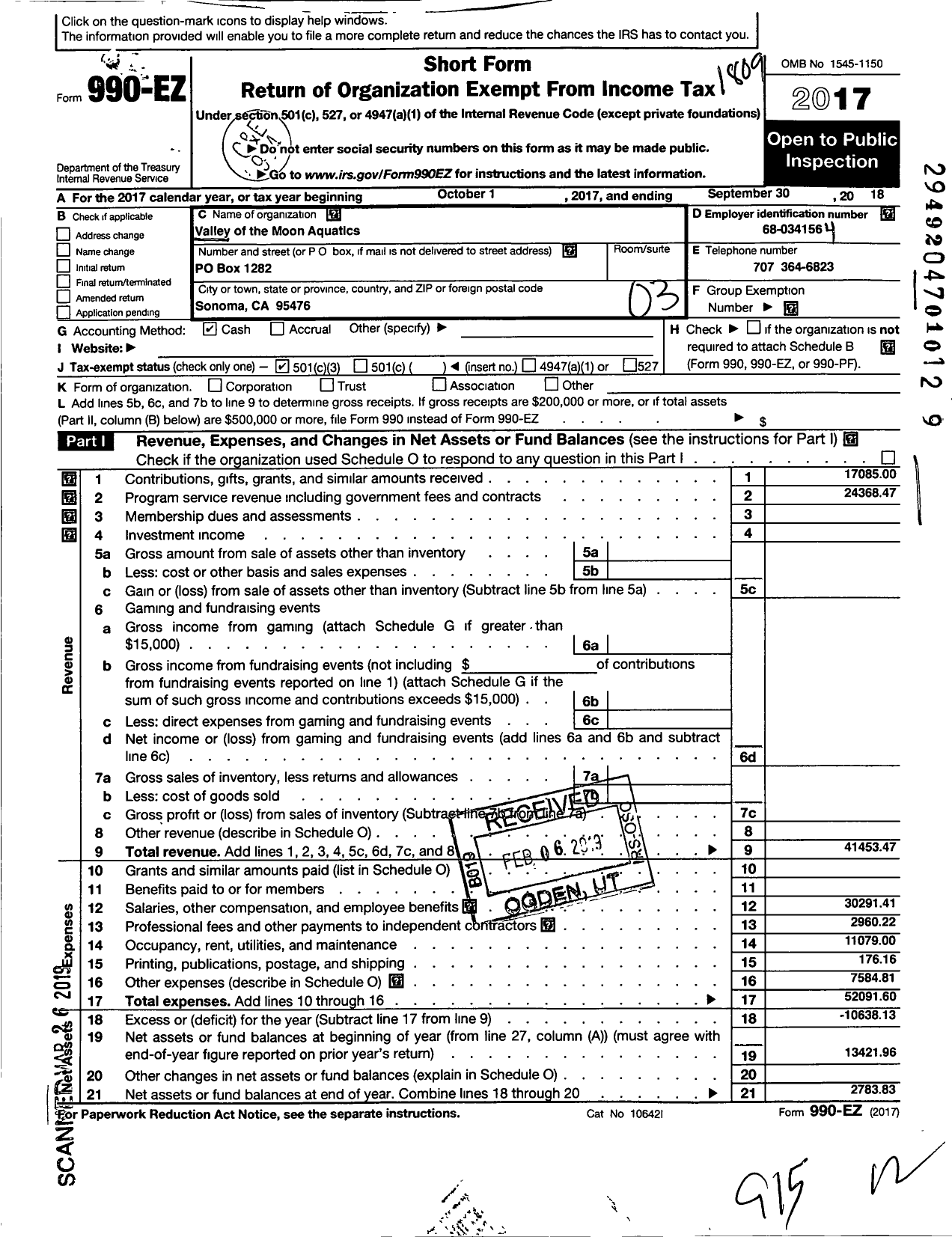 Image of first page of 2017 Form 990EZ for Valley of the Moon Aquatics Valley of the Moon Aquatics