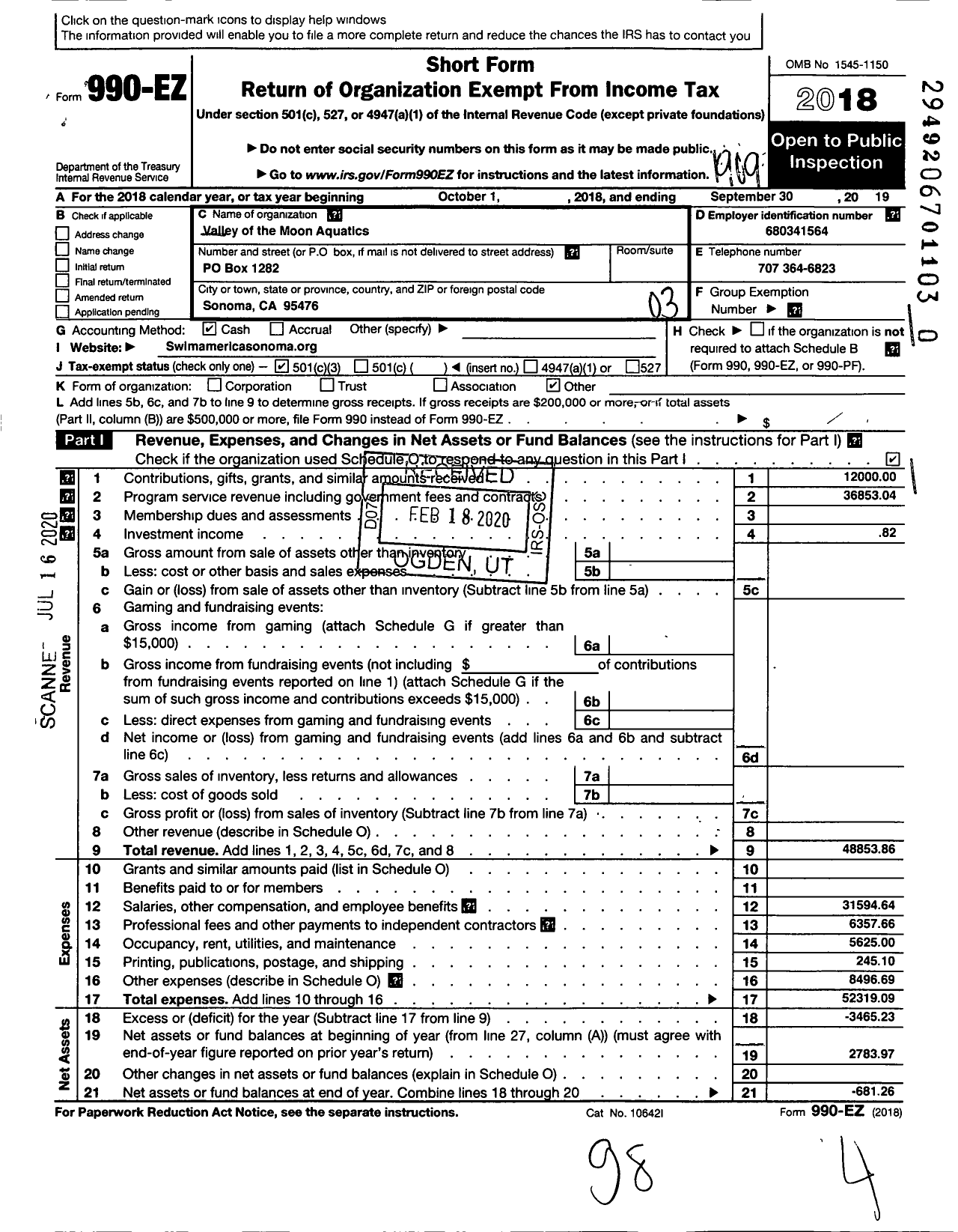 Image of first page of 2018 Form 990EZ for Valley of the Moon Aquatics Valley of the Moon Aquatics