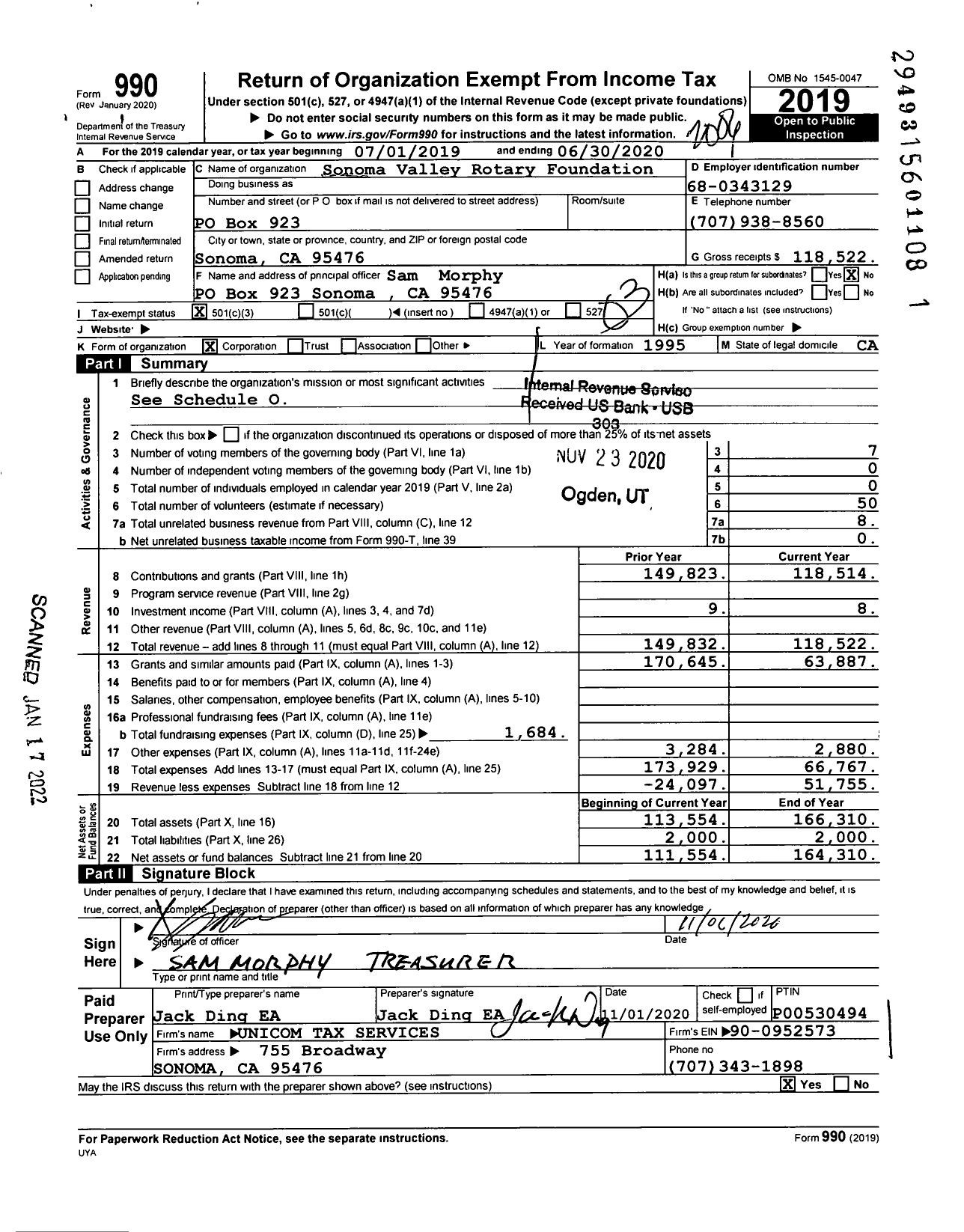 Image of first page of 2019 Form 990 for Sonoma Valley Rotary Service Fund Foundation