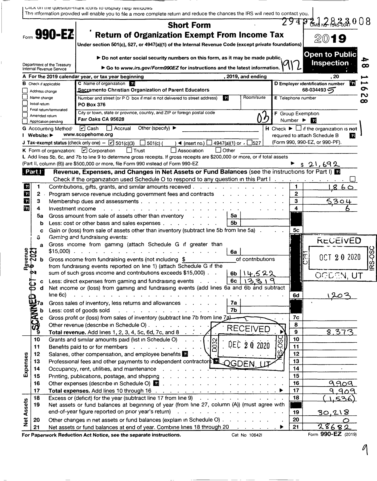 Image of first page of 2019 Form 990EZ for Sac Christian Org of Parent Educators (SCOPE)