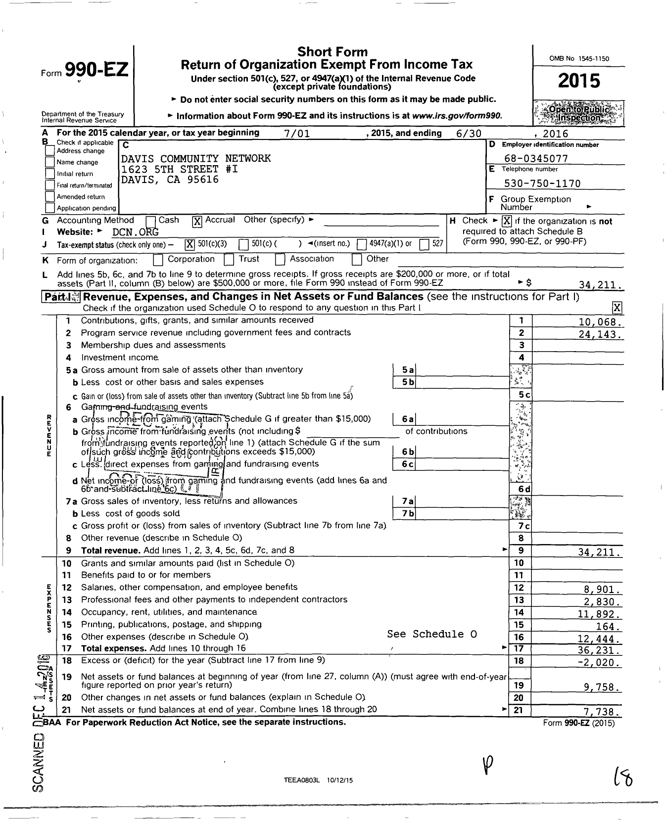 Image of first page of 2015 Form 990EZ for Davis Community Network