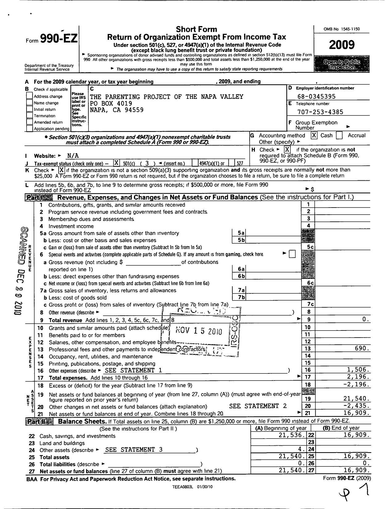 Image of first page of 2009 Form 990EZ for Parenting Project of the Napa Valley