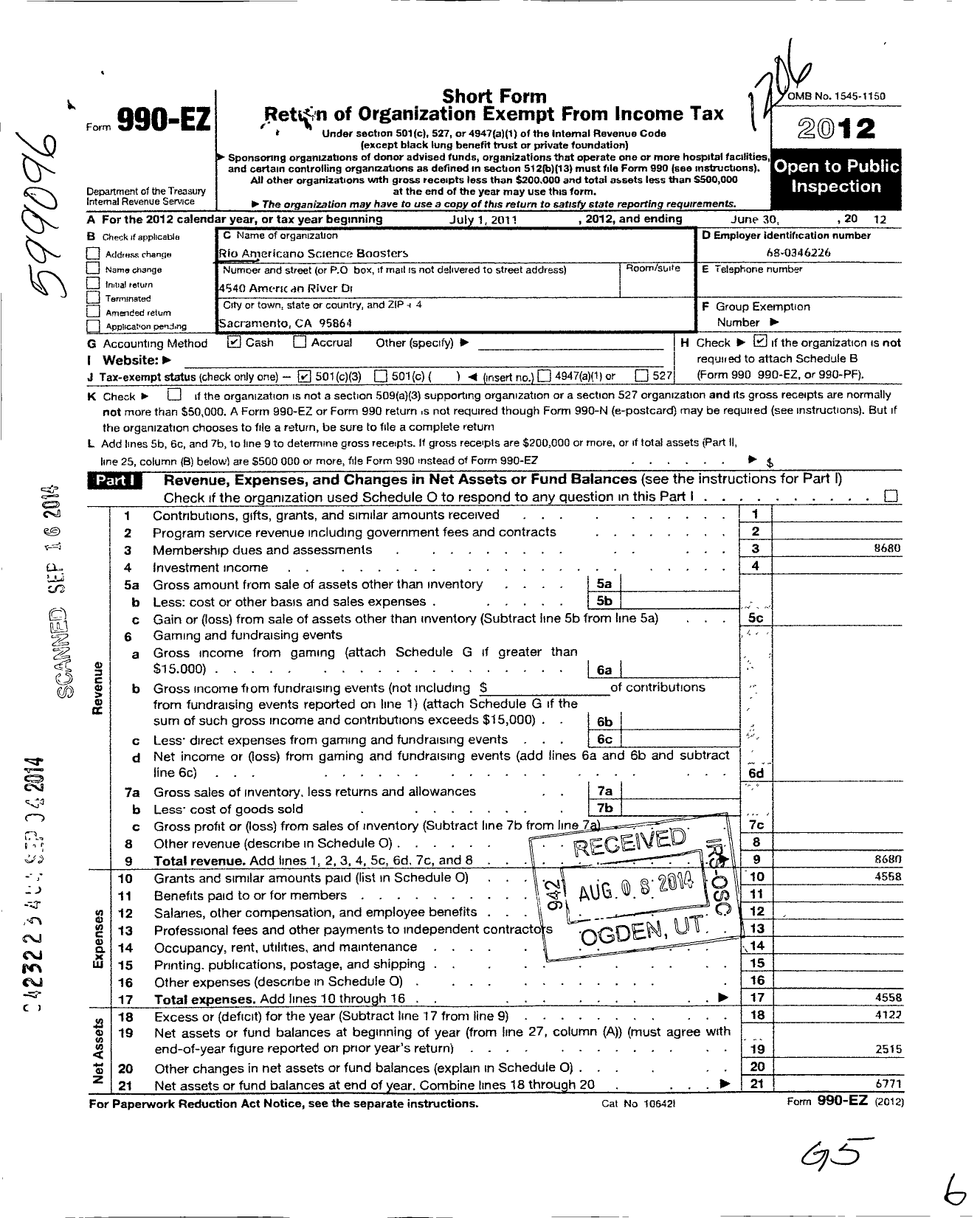 Image of first page of 2011 Form 990EZ for Rio Americano Science Boosters