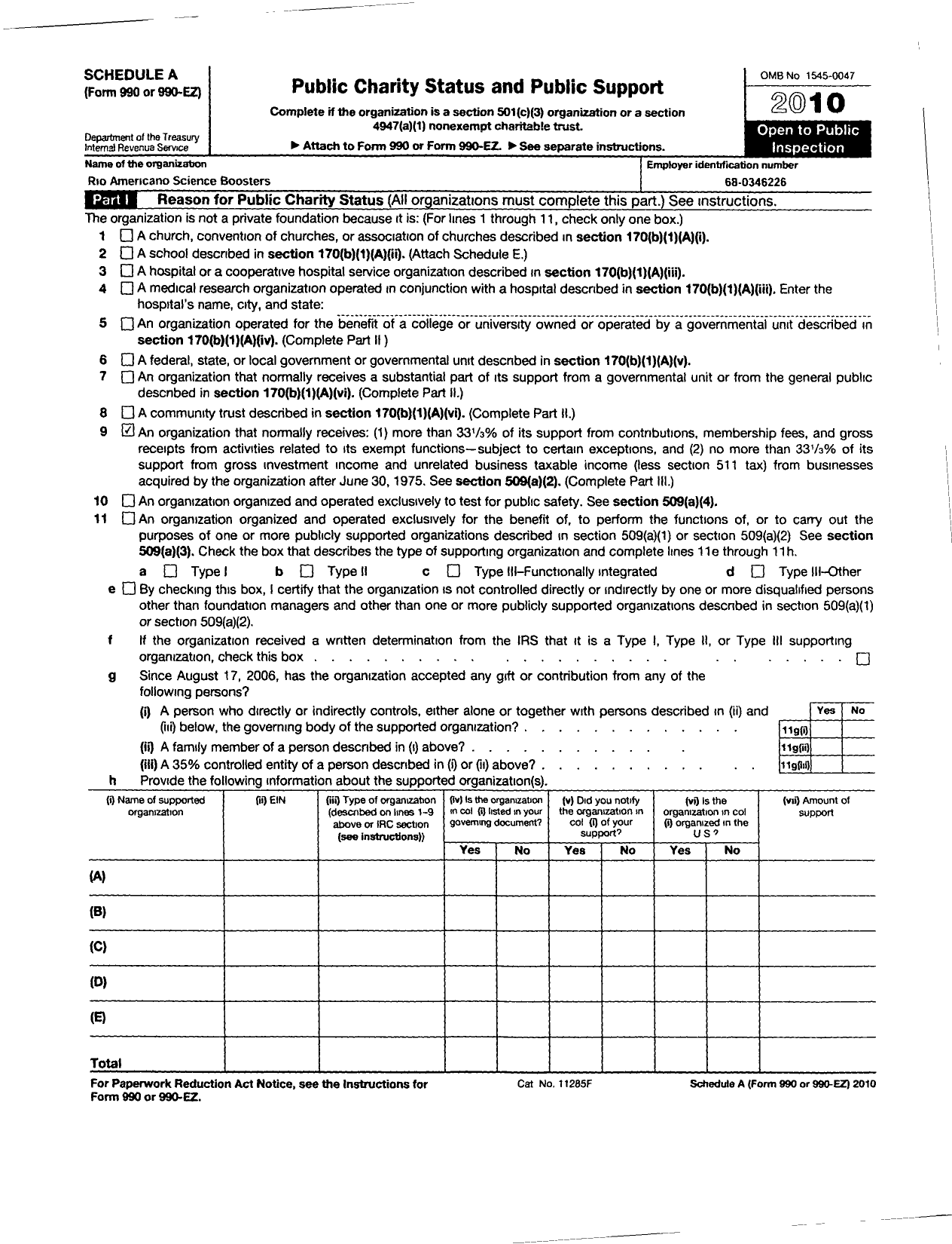 Image of first page of 2009 Form 990ER for Rio Americano Science Boosters