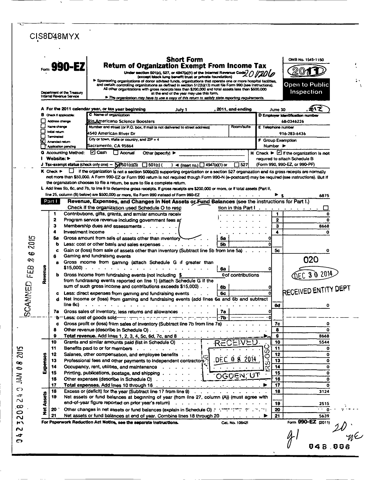 Image of first page of 2011 Form 990EZ for Rio Americano Science Boosters