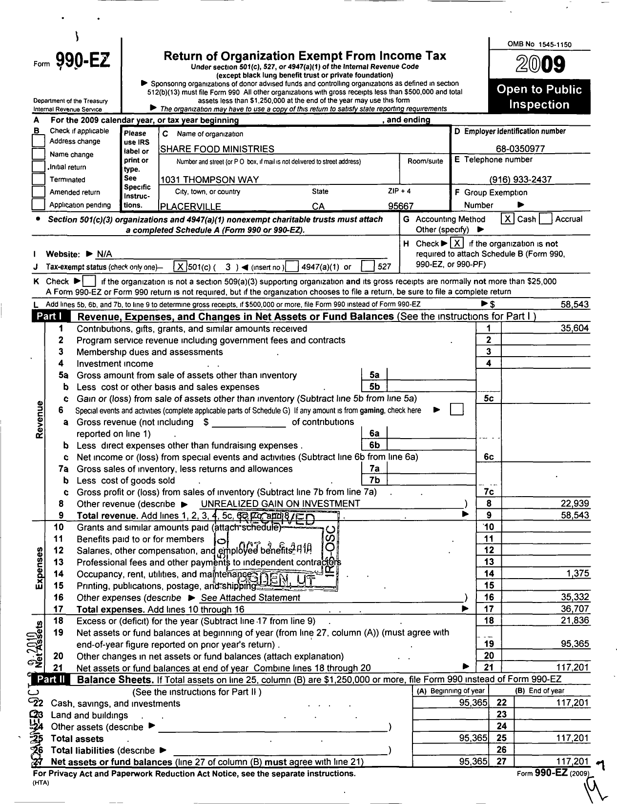 Image of first page of 2009 Form 990EZ for Share Food Ministries