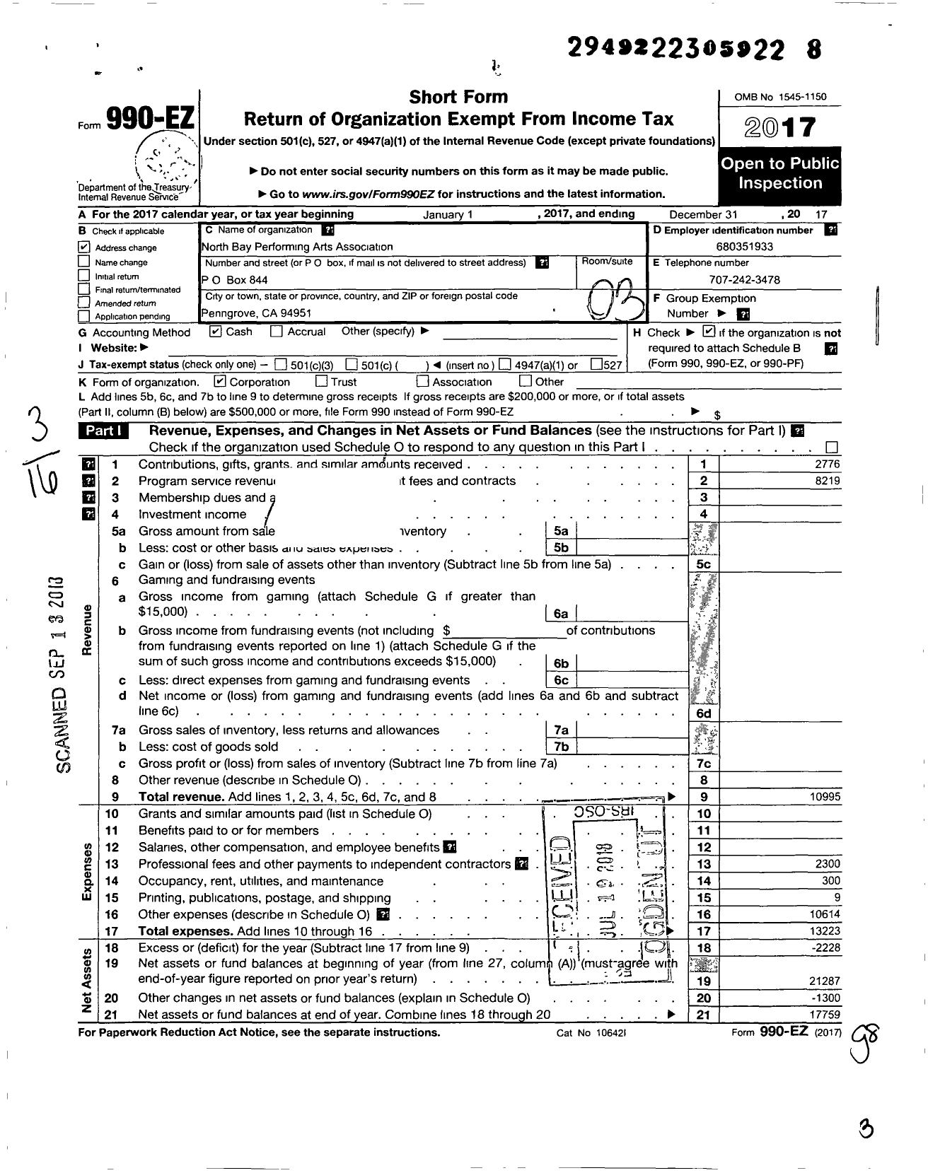 Image of first page of 2017 Form 990EZ for North Bay Performing Arts Association