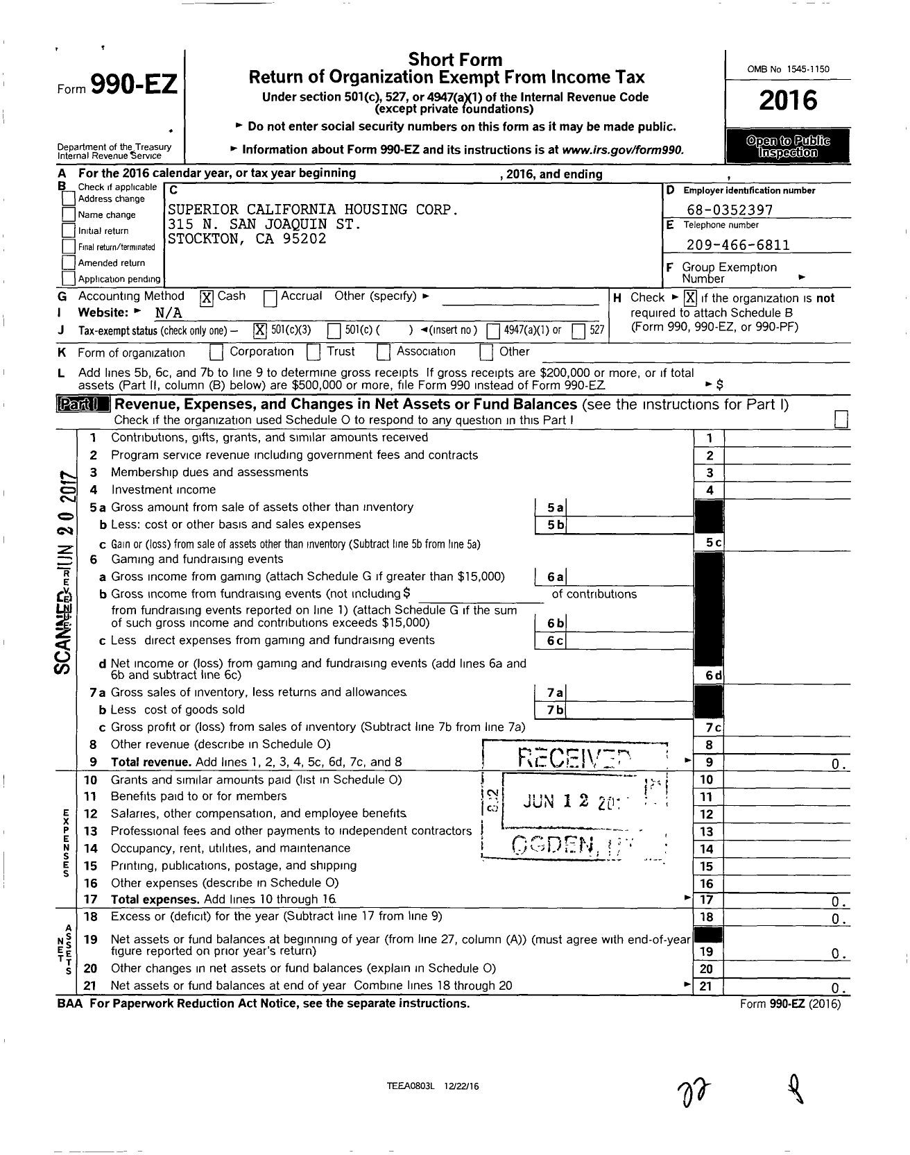 Image of first page of 2016 Form 990EZ for Superior California Housing Corporation