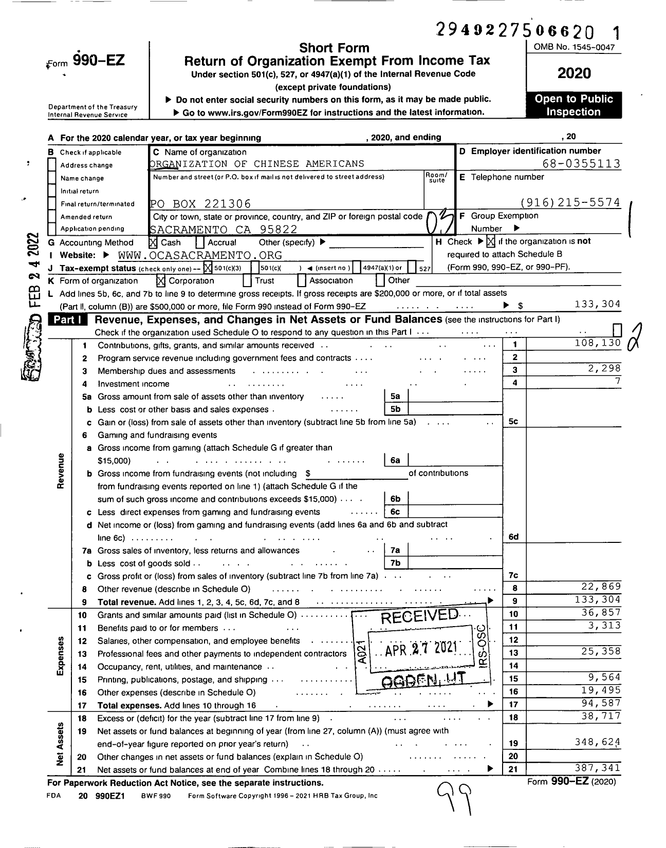 Image of first page of 2020 Form 990EZ for Greater Sacramento Chapter